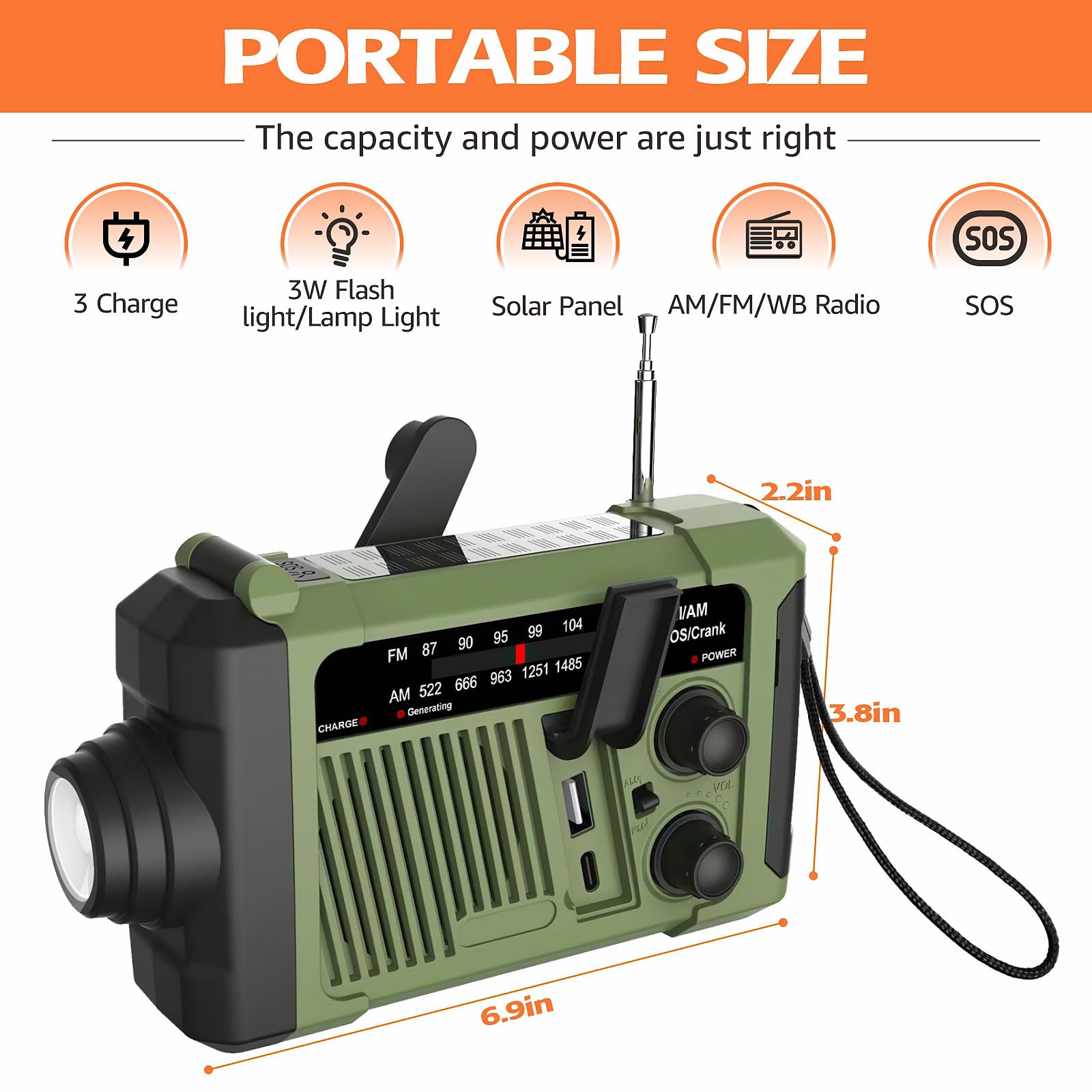 Wind-up Radio - Solar Radio - World Receiver - Portable Radio - Flashlight with Dynamo - Powerbank Function - Camping Radio - Outdoor Gadgets - Rechargeable Flashlight - USB Charger - FM AM Receiver - Hiking - Orange - 1 Piece