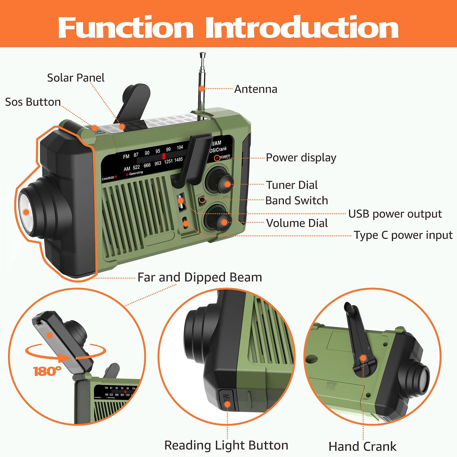 Wind-up Radio - Solar Radio - World Receiver - Portable Radio - Flashlight with Dynamo - Powerbank Function - Camping Radio - Outdoor Gadgets - Rechargeable Flashlight - USB Charger - FM AM Receiver - Hiking - Orange - 1 Piece