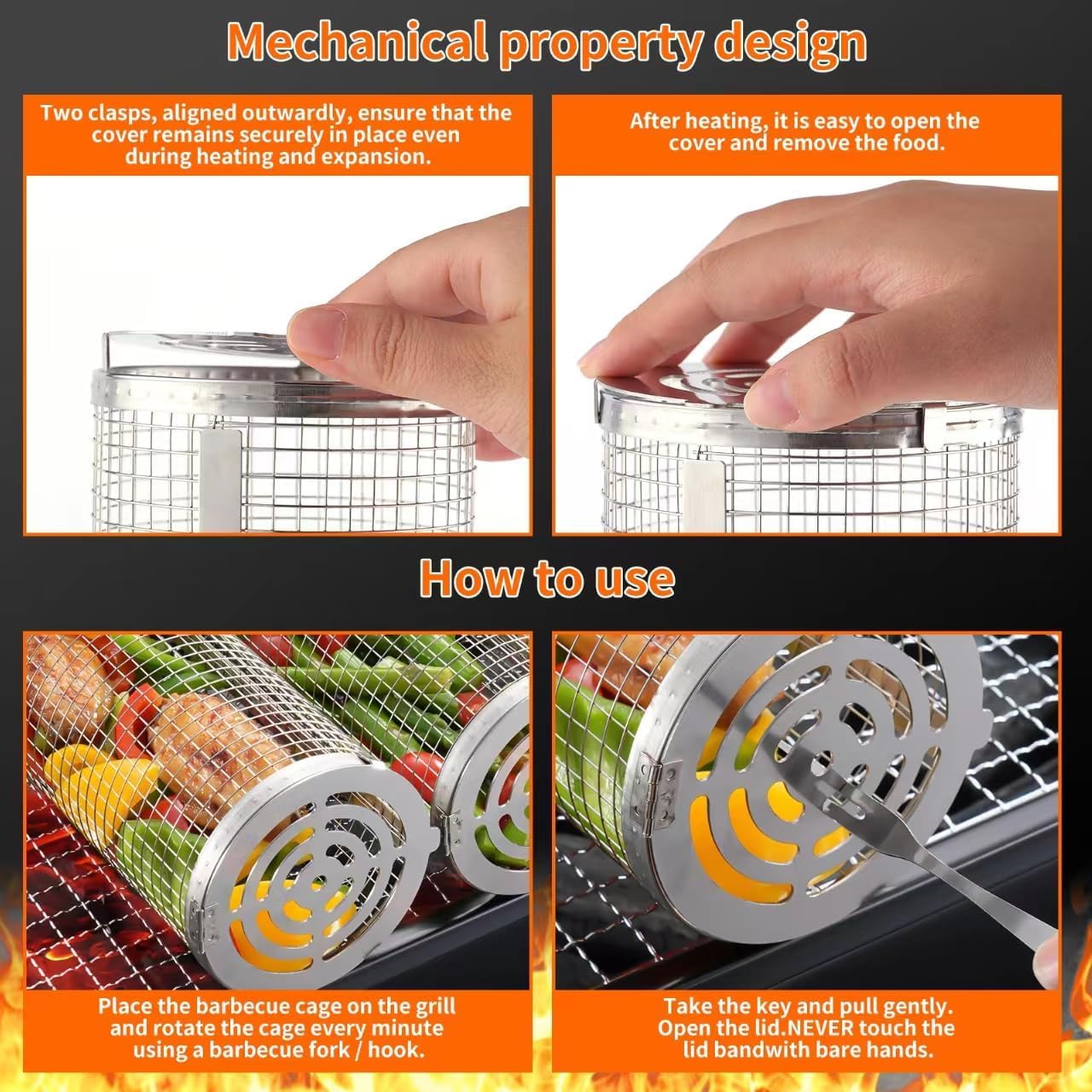BBQ Grill Basket - Rotating Barbecue Basket - Stainless Steel Vegetable Basket - Fish Rack - Grill Basket - Barbecue Accessories - Cylinder Basket - BBQ Tool - With Oil Sprayer and Forks - Heat Resistant - Dishwasher Safe - Camping Cooking - Silver - 2 Pi