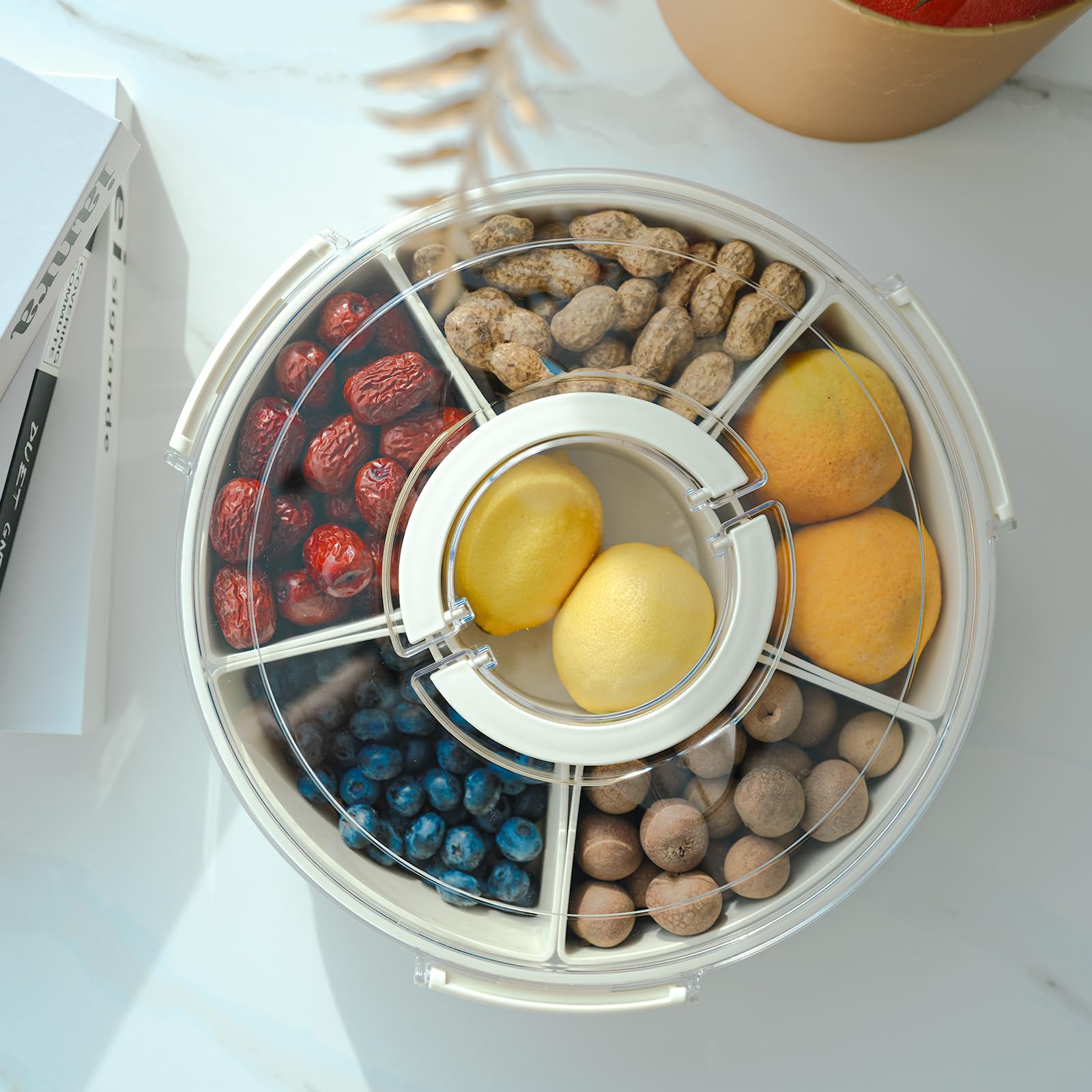 Rotating Fruit Platter—Airtight, Moisture-Proof Dried Fruit Platter—Portable Fruit Platter—Round Fruit Platter—Snack Box with Lid—Snack Box with Compartments—Fruit Platter—Snack Box—Rotating Snack Rack—Refrigerator-Safe—White—1