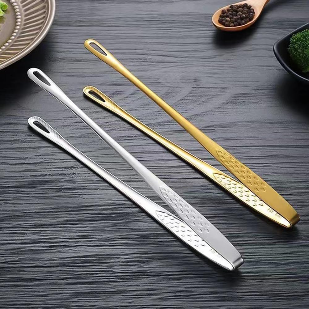 Meat Tongs - Barbecue Tongs - Kitchen Tongs - Serving Tongs - Cooking Tweezers - Grill Tongs - Gourmet Tongs - BBQ Accessories - Chef Tweezers - Kitchen Utensils - Meat Turning - Korean BBQ - Professional Stainless Steel - Gold - 2 Pieces