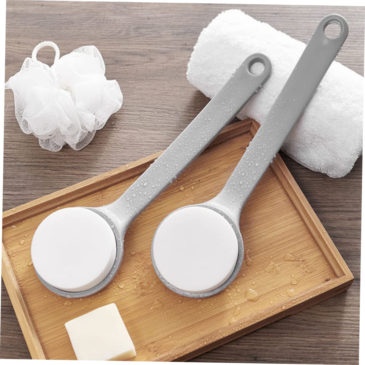 Back Brush with Long Handle - Bath Brush - Shower Brush - Back Scrubber - Bath Sponge on Handle - Back Scrubber - Bathroom Accessories - Shower Sponge - Sponge with Handle - Back Sponge - Bathroom Supplies - Scrubbing - Hangable - Gray - 2 Pieces