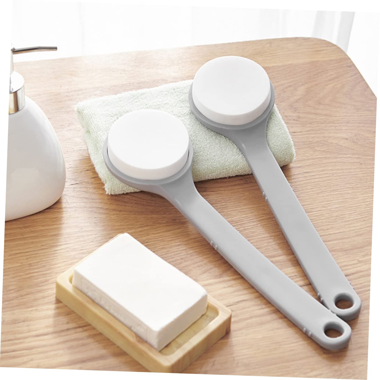 Back Brush with Long Handle - Bath Brush - Shower Brush - Back Scrubber - Bath Sponge on Handle - Back Scrubber - Bathroom Accessories - Shower Sponge - Sponge with Handle - Back Sponge - Bathroom Supplies - Scrubbing - Hangable - Gray - 2 Pieces