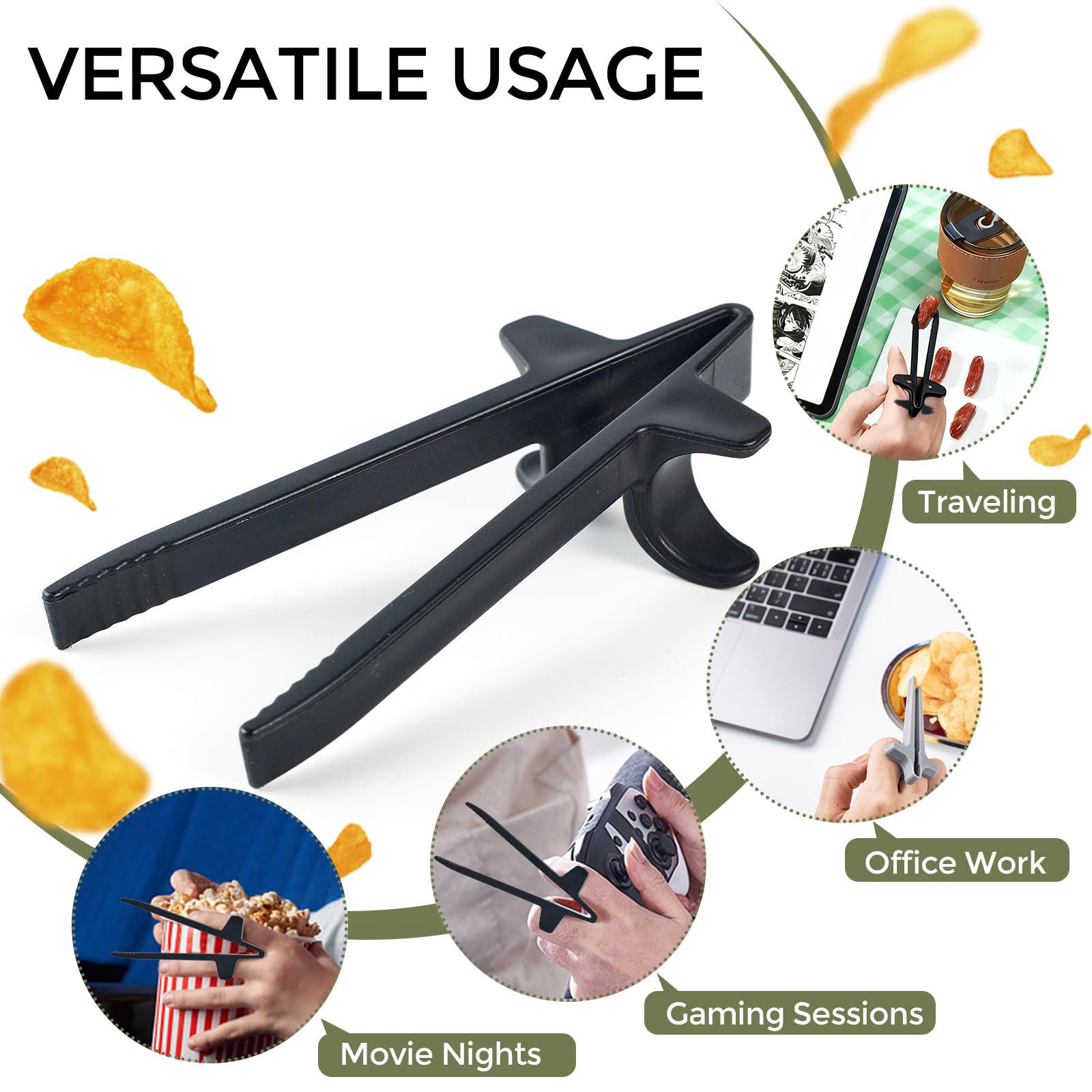 Finger Chopsticks - Gaming Accessories - Snack Sticks - Chip Tongs - Gadgets Men - Gift for Gamer - Computer Accessories - No More Greasy Fingers - Funny Gifts - Snack Tweezers - Reusable - Black White Gray and Pink - 4 Pieces