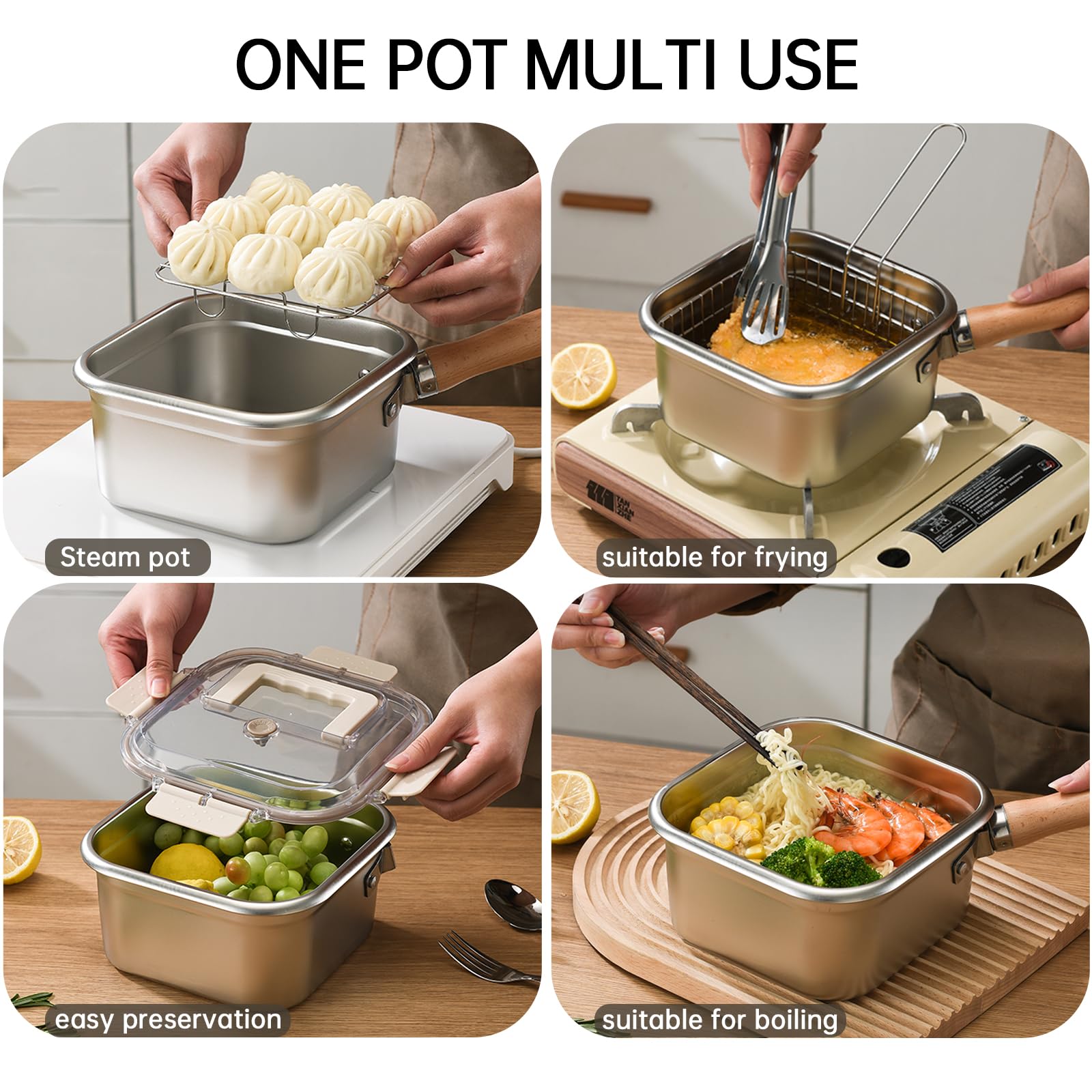 Induction Saucepan - Mini Deep Fryer - Milk Pan - Square Cooking Pot - Stainless Steel - With Frying Basket - Steaming Rack - Tongs - Glass Lid - Wooden Handle - Ramen Pan - Soup Pot - Camping Pan - 4 in 1 - Kitchen Utensils - Compact - Silver - White - 1