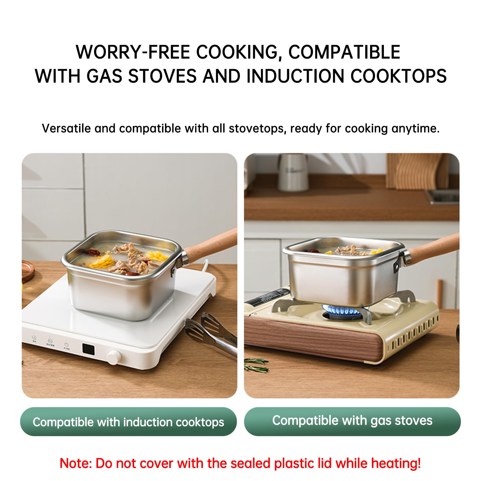 Induction Saucepan - Mini Deep Fryer - Milk Pan - Square Cooking Pot - Stainless Steel - With Frying Basket - Steaming Rack - Tongs - Glass Lid - Wooden Handle - Ramen Pan - Soup Pot - Camping Pan - 4 in 1 - Kitchen Utensils - Compact - Silver - White - 1