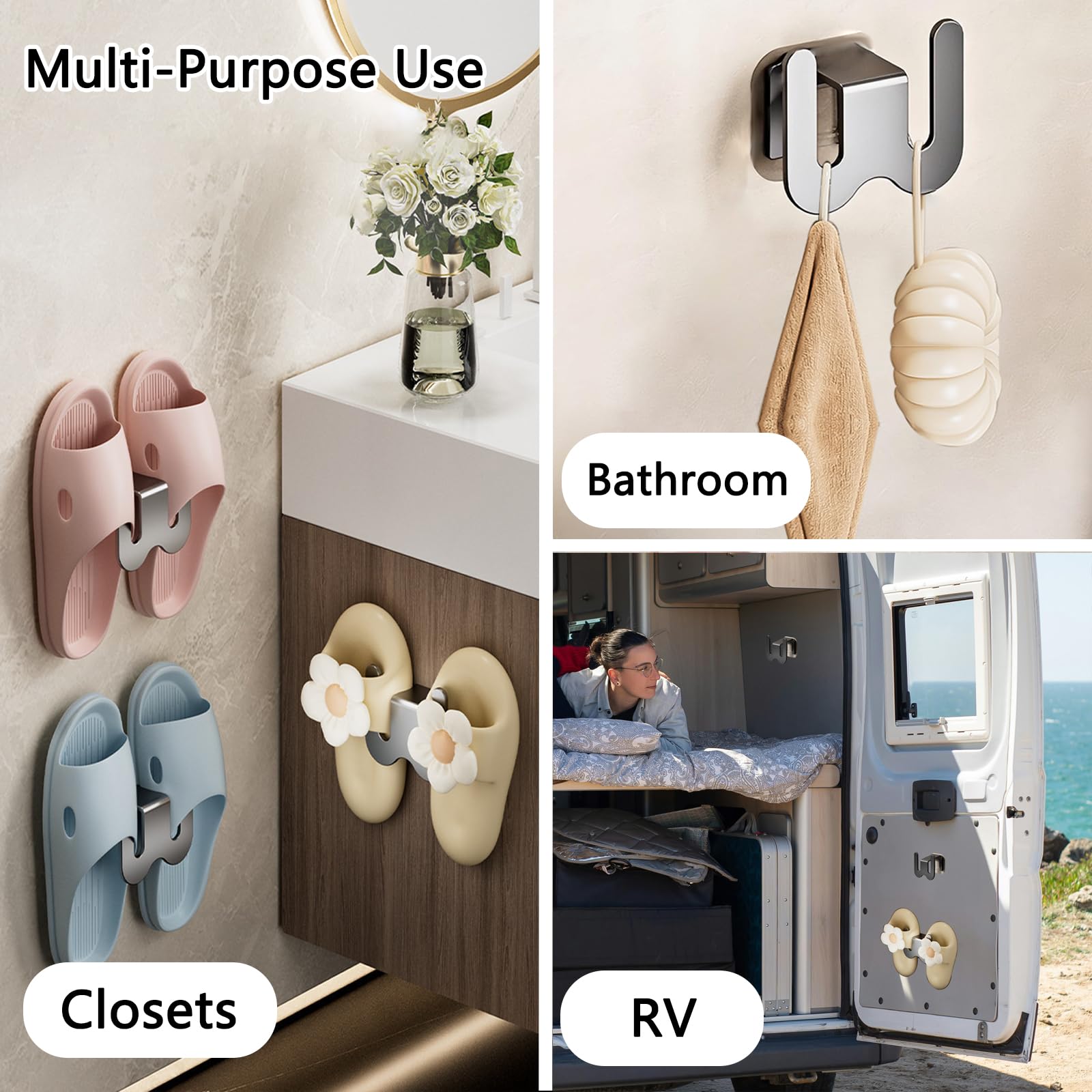 Shoe Rack - Slippers Holder - Bathroom Accessories - Shoe Storage - Wall Hook - Self-Adhesive - Shoe Hanging System - Bathroom Organizer - Hallway Accessories - No Drilling - Black - 2 pieces