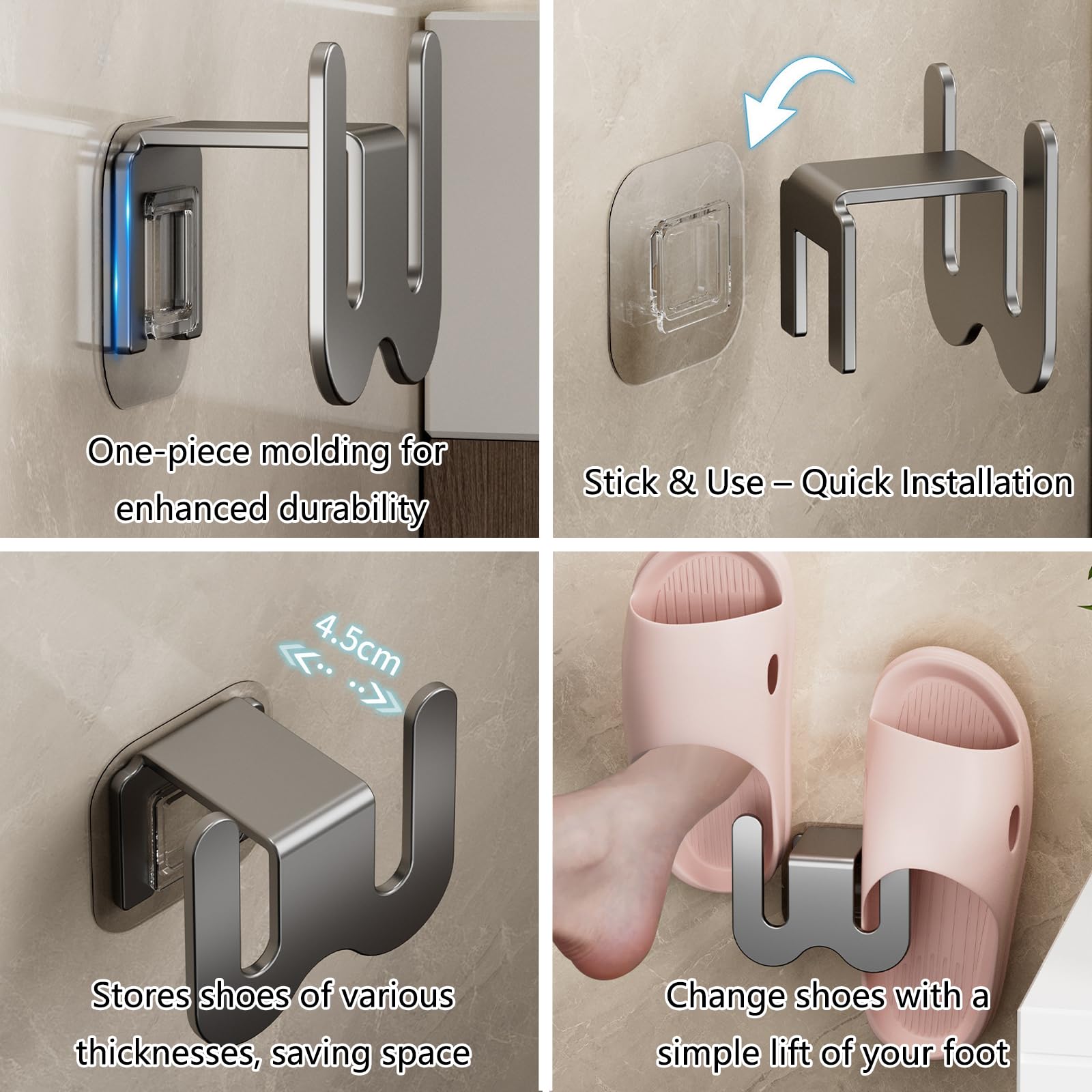 Shoe Rack - Slippers Holder - Bathroom Accessories - Shoe Storage - Wall Hook - Self-Adhesive - Shoe Hanging System - Bathroom Organizer - Hallway Accessories - No Drilling - Black - 2 pieces