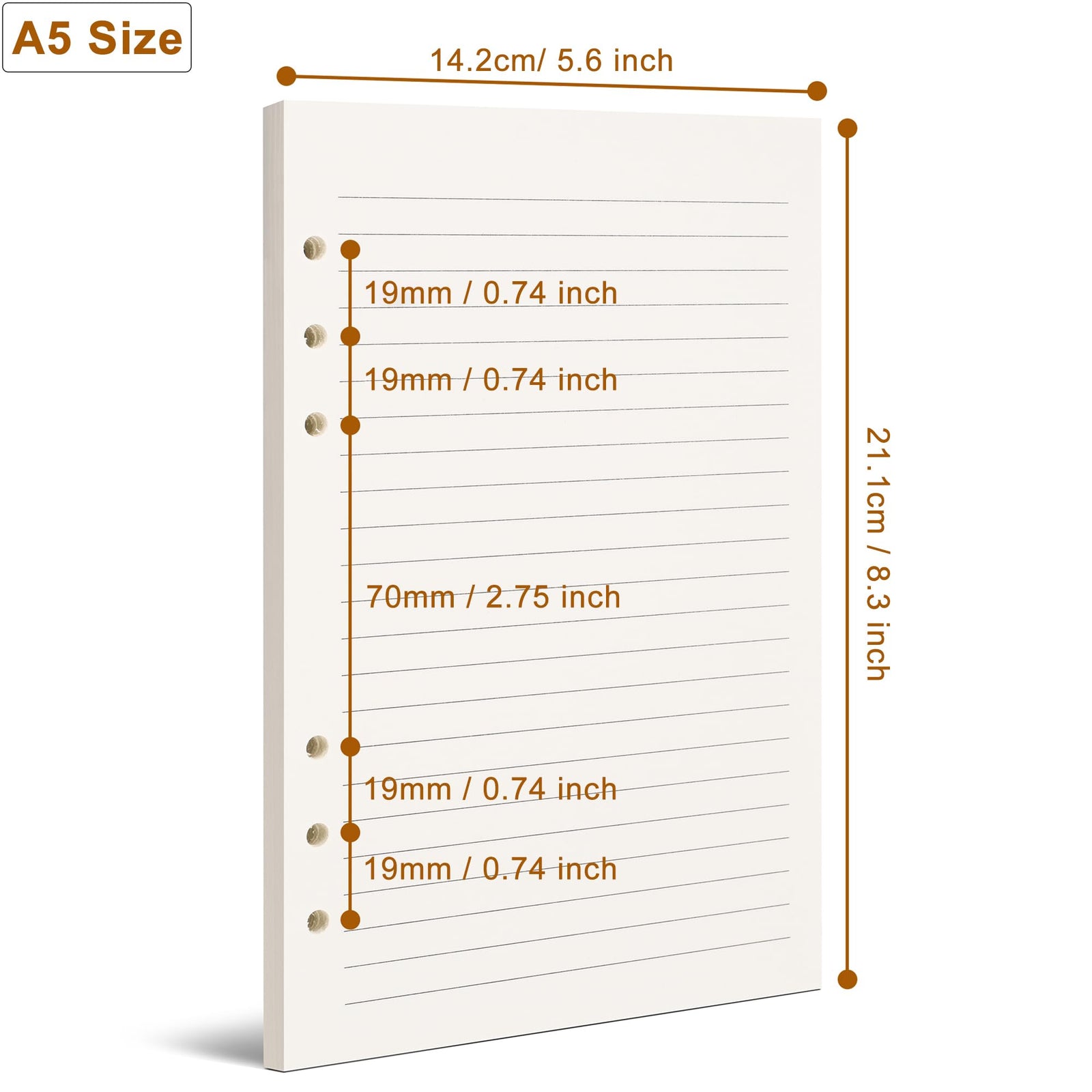 Refill A5 lined - Ring binder paper - Agenda refill - Notebook paper - Loose-leaf paper - School supplies - Office supplies - Writing pad - Notepad - 6 rings - Notepad - Agenda paper - 80 sheets
