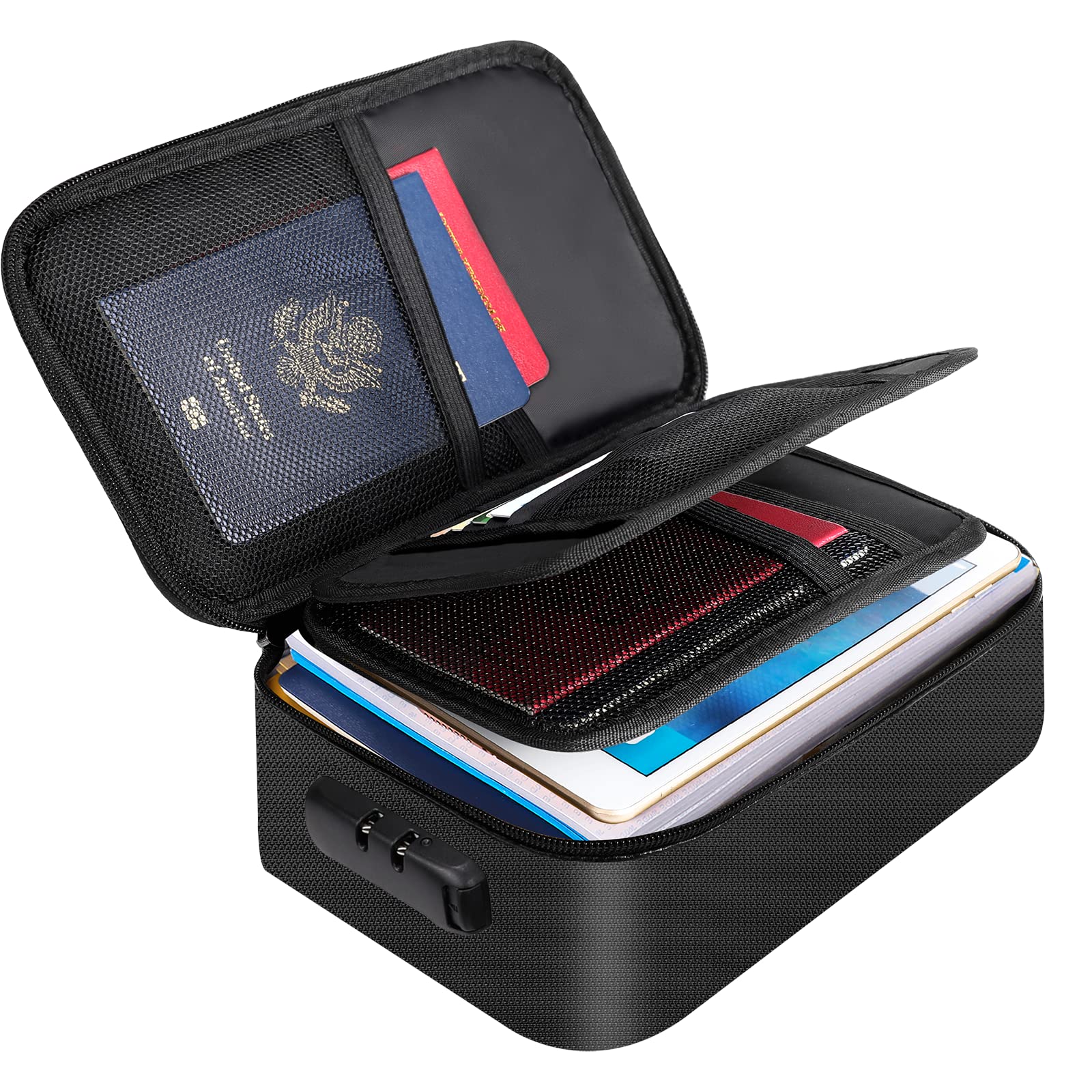Document Organizer - Storage Bag with Combination Lock - Travel Folder - Documents - Passport Holder - Office Supplies - Security Bag - Water-Repellent - Tablet Storage - Administration - Holiday Accessories - Briefcase - Black - 1 Piece