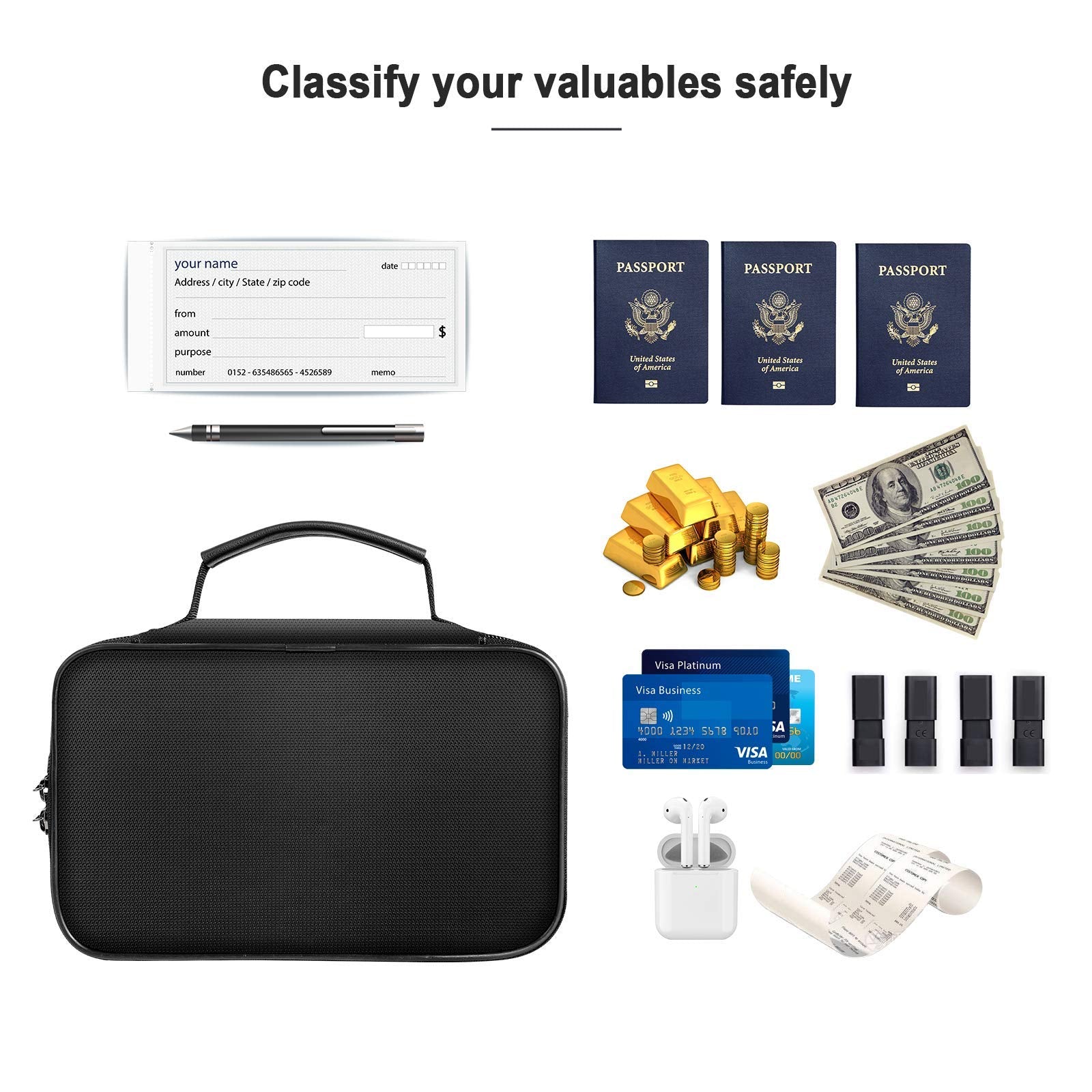 Document Organizer - Storage Bag with Combination Lock - Travel Folder - Documents - Passport Holder - Office Supplies - Security Bag - Water-Repellent - Tablet Storage - Administration - Holiday Accessories - Briefcase - Black - 1 Piece