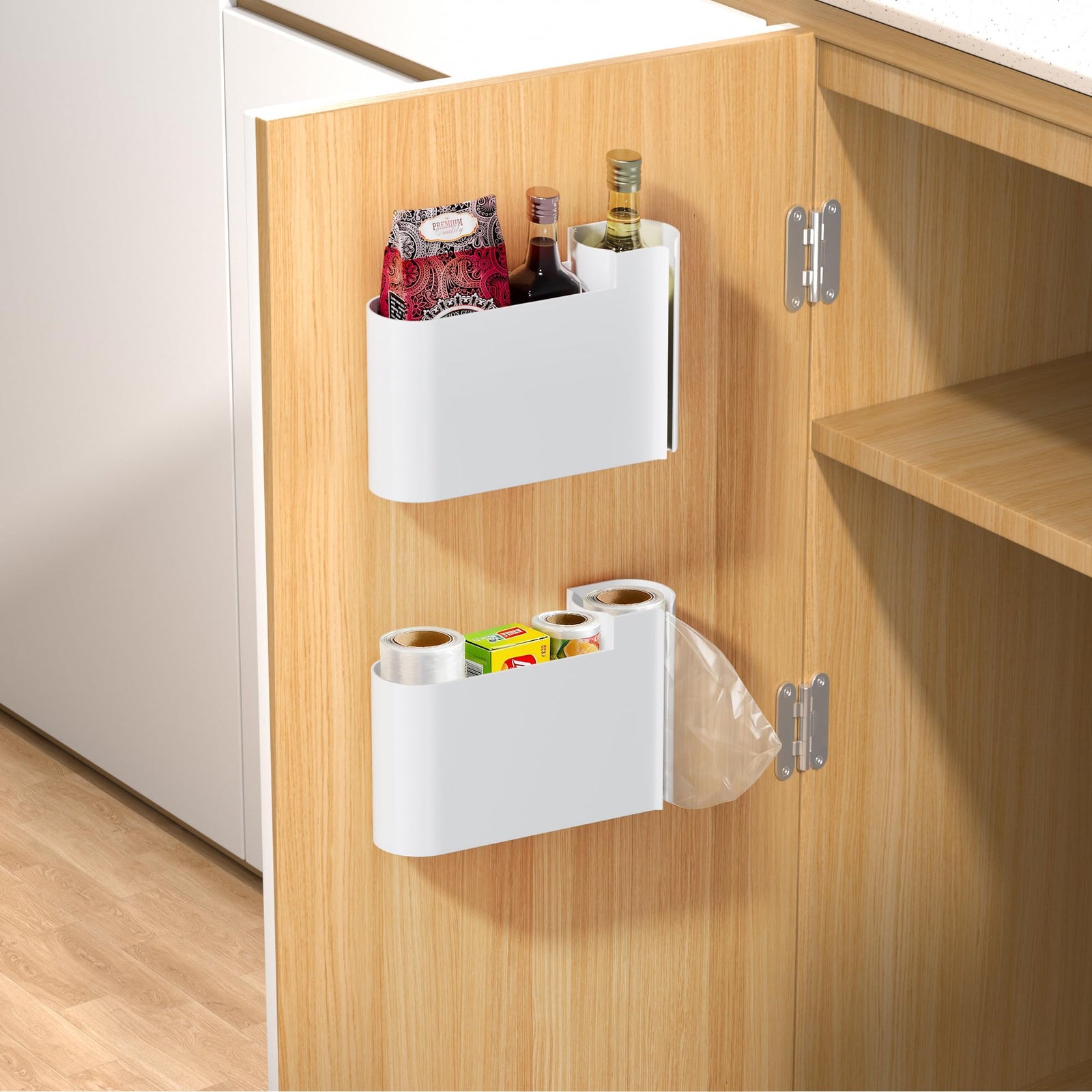 Kitchen Cabinet Organizer - Spice Rack - Door Rack - Kitchen Accessories - Storage Rack - Sink Cabinet Organizer - Garbage Bag Holder - No Drilling - Cabinet Interior - Kitchen Aid - Space Saving - Bathroom Organizer - Adhesive - White - Pack of 2