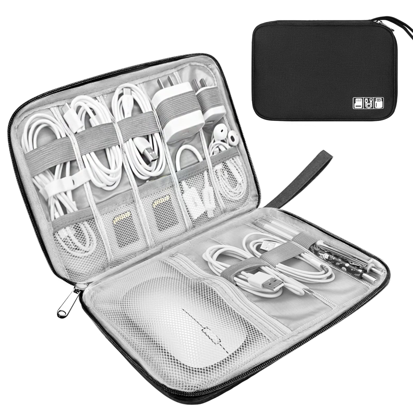 Cable Organizer - Electronics Organizer - Travel Bag - Cable Bag - Storage Bag - Charger - Power Bank - USB Stick - SD Card - Travel Accessories - Holiday - Office - Water-Repellent - Cable Management - Black - 1 Piece (Excluding Accessories)