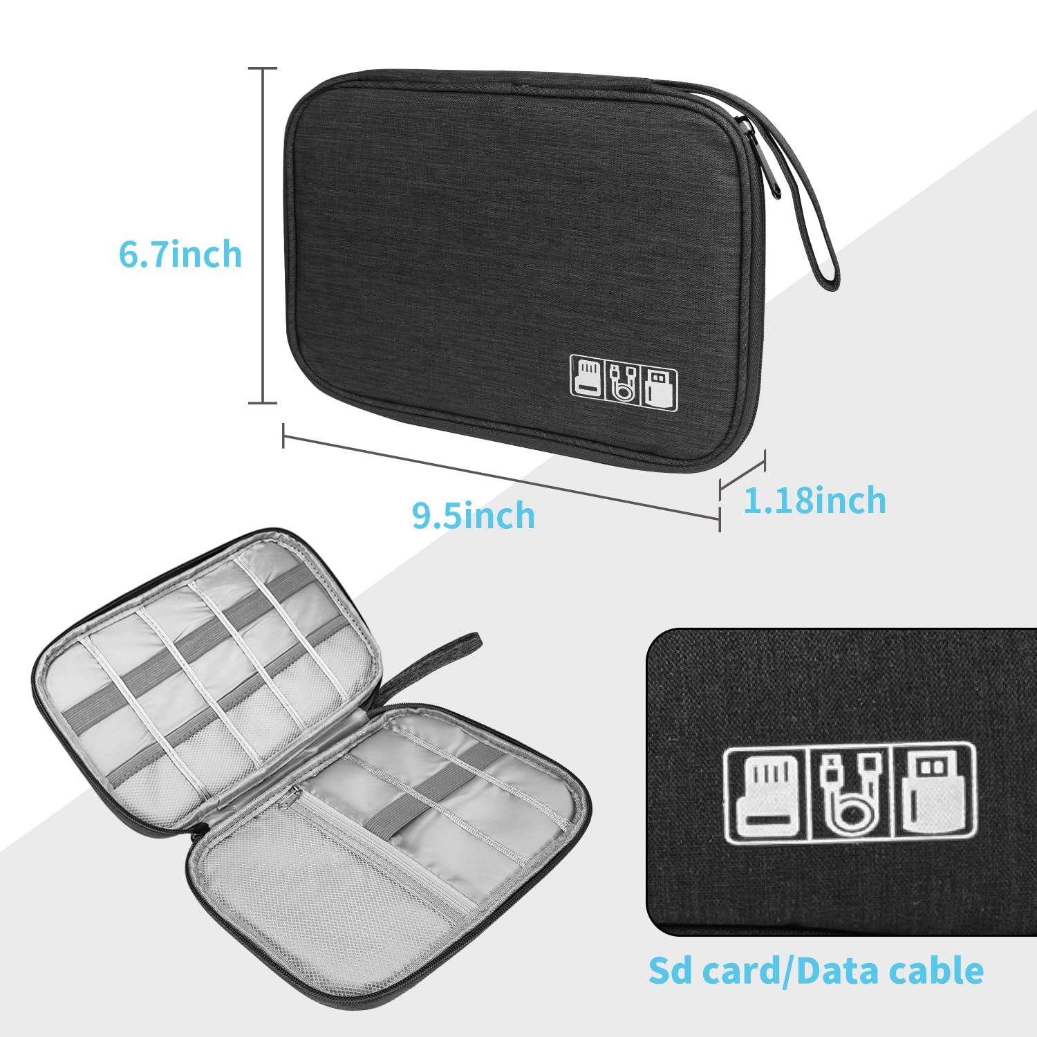 Cable Organizer - Electronics Organizer - Travel Bag - Cable Bag - Storage Bag - Charger - Power Bank - USB Stick - SD Card - Travel Accessories - Holiday - Office - Water-Repellent - Cable Management - Black - 1 Piece (Excluding Accessories)