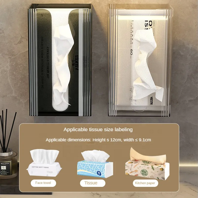Tissue Box - Tissue Box - Tissue Holder - Tissue Box - Wall Mounted - No Drilling - Self-Adhesive - Bathroom Accessories - Toilet Organizer - Kitchen Storage - Dispenser - Acrylic - Transparent - Universal - Refillable - Black - 1 piece