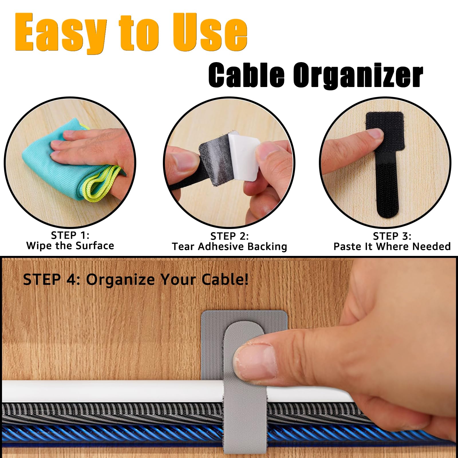 Cable Clips - Cable Management - Cable Organizer - Cable Holder - Self-Adhesive - Velcro - Cable Ties - Cord Clips - Desk Accessories - Cable Management - Cord Holder - Office - Gaming Setup - Cable Tie - Organize - Gray - 80 Pieces