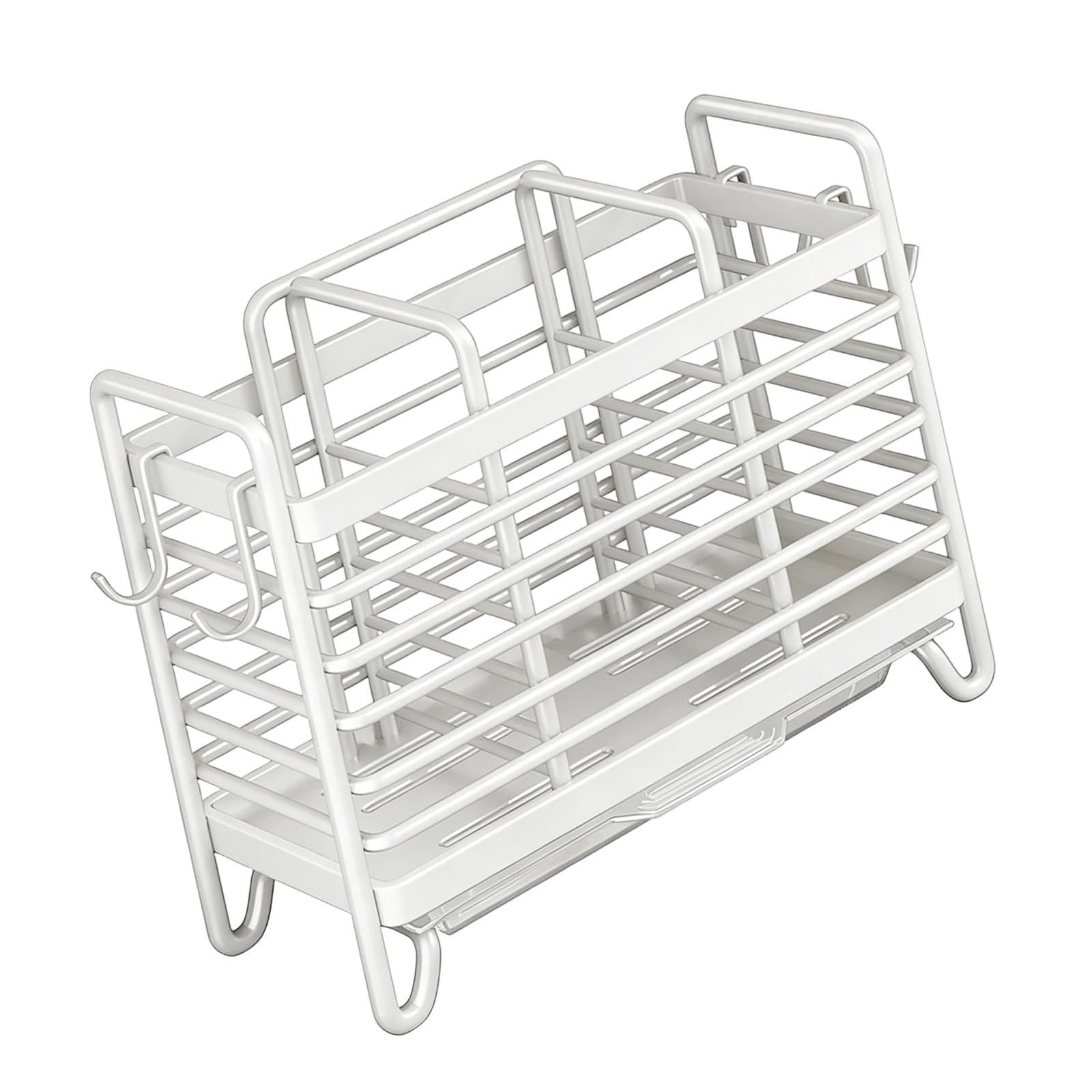 Cutlery Holder - Kitchen Organizer - Cutlery Tray - Countertop Organizer - Utensil Holder - Cutlery Rack - Cutlery Drainer - Spoon Holder - Drying Rack - Kitchen Accessories - With Drip Tray and Hooks - Metal - White - 1 Piece