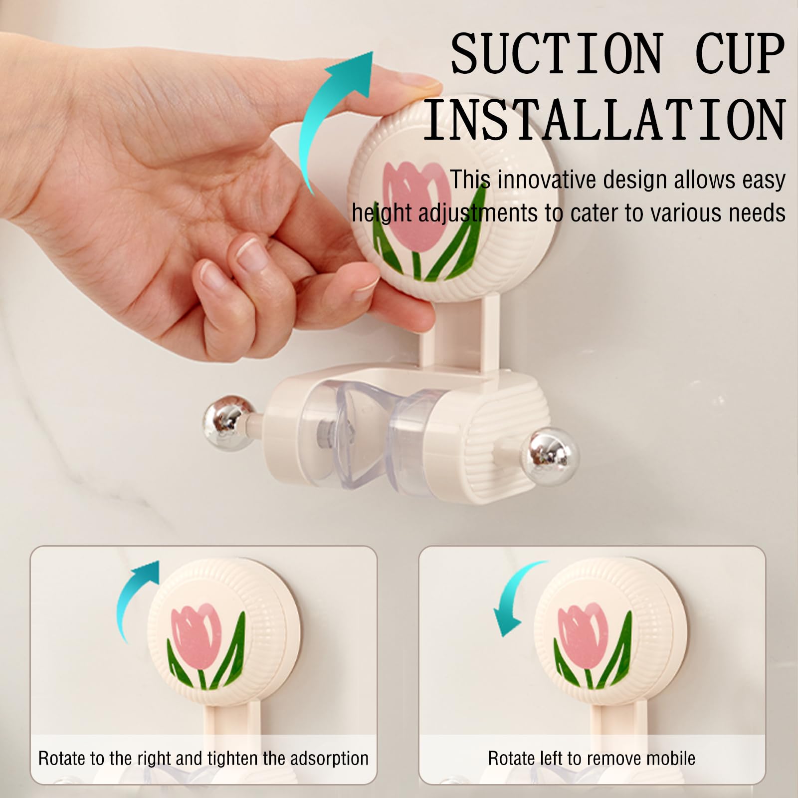 Shower Head Holder - Shower Head Holder - Hand Shower Holder - Bathroom Accessories - Shower Holder - Bathroom Organizer - Hanging System - Wall Bracket - Shower Head Mount - With Hooks - Tulip Design - Self-Adhesive Without Drilling - Beige With Pink - 1