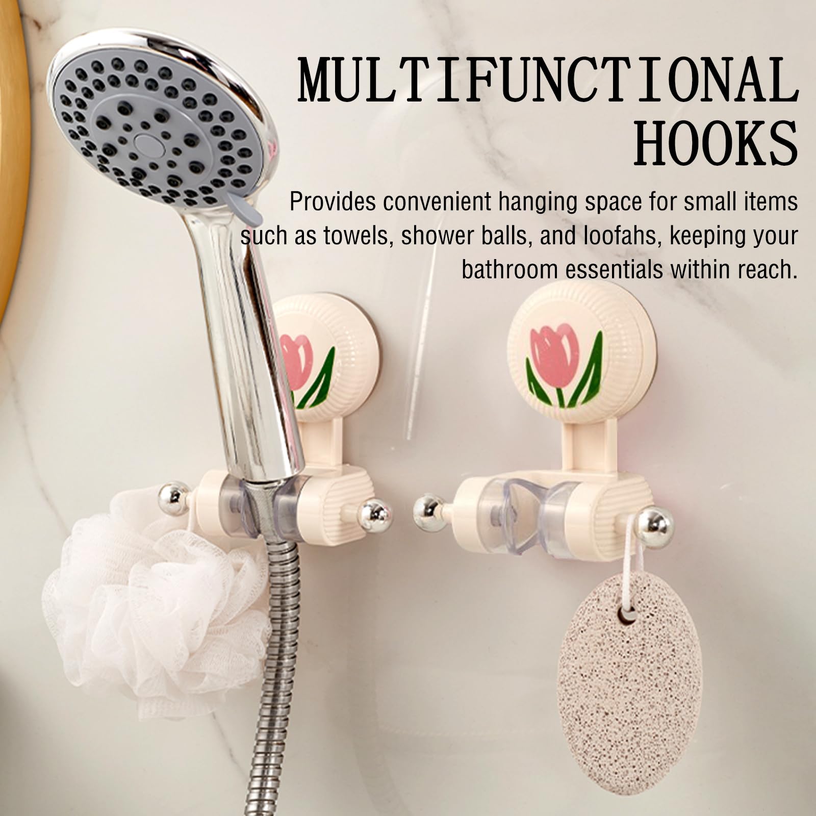 Shower Head Holder - Shower Head Holder - Hand Shower Holder - Bathroom Accessories - Shower Holder - Bathroom Organizer - Hanging System - Wall Bracket - Shower Head Mount - With Hooks - Tulip Design - Self-Adhesive Without Drilling - Beige With Pink - 1