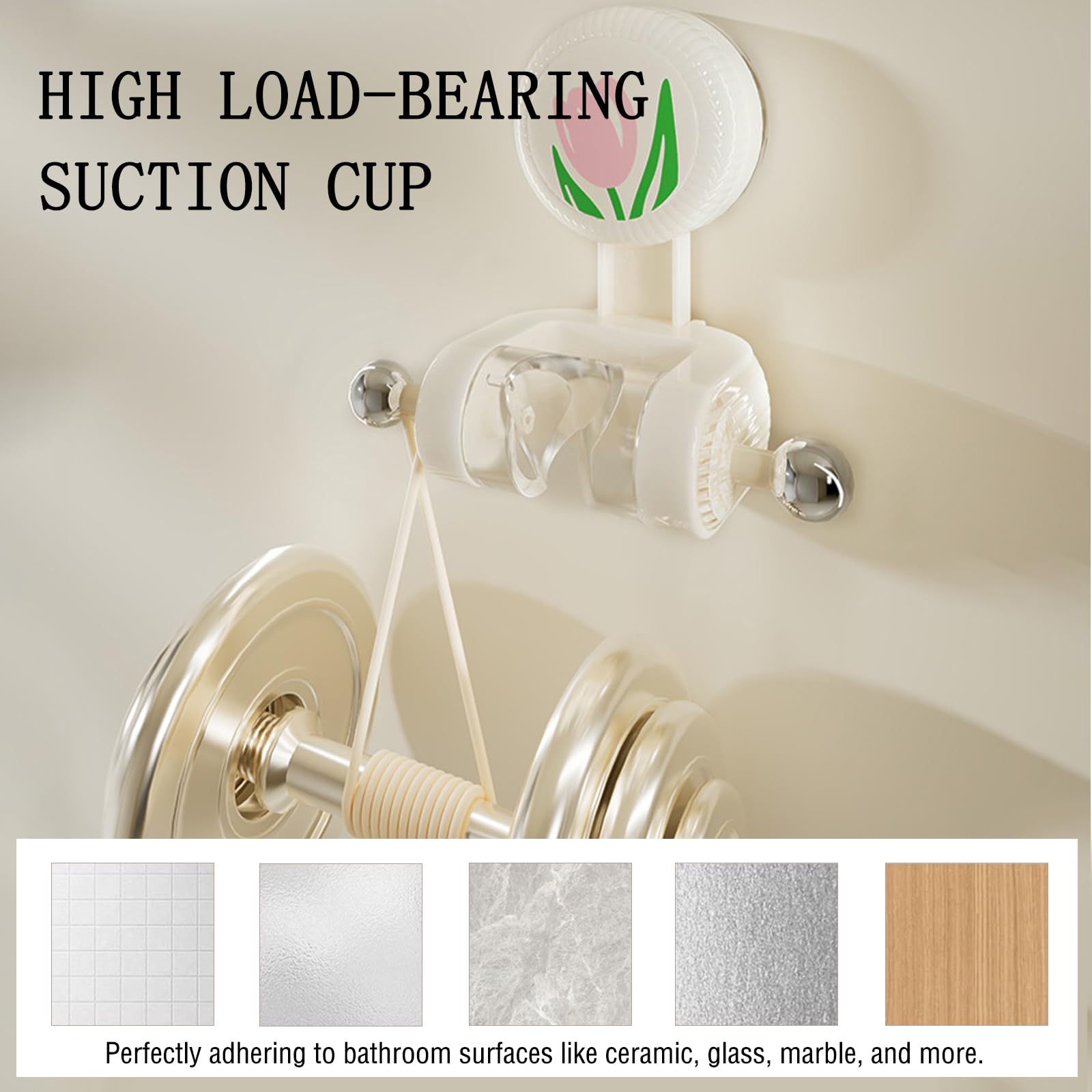 Shower Head Holder - Shower Head Holder - Hand Shower Holder - Bathroom Accessories - Shower Holder - Bathroom Organizer - Hanging System - Wall Bracket - Shower Head Mount - With Hooks - Tulip Design - Self-Adhesive Without Drilling - Beige With Pink - 1
