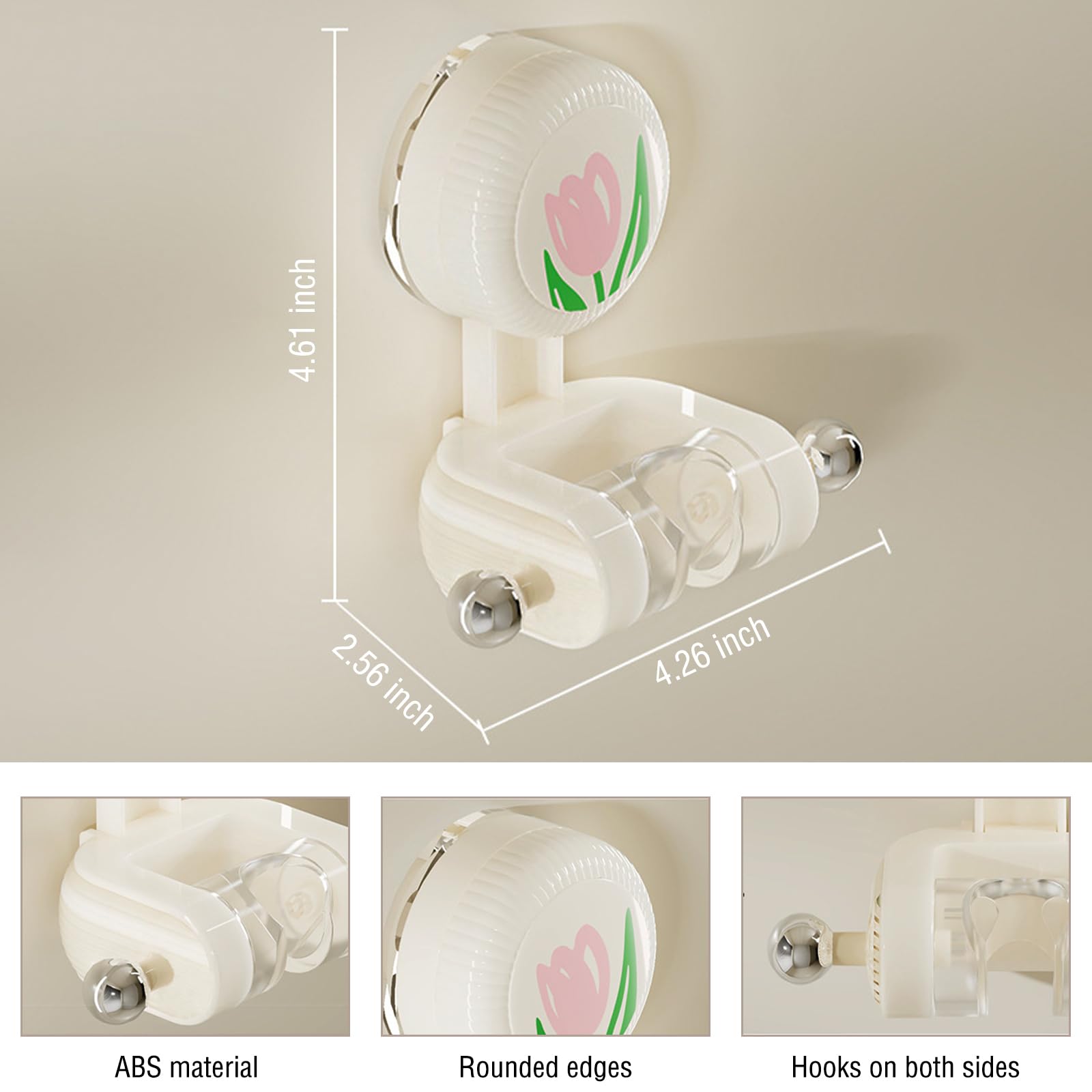 Shower Head Holder - Shower Head Holder - Hand Shower Holder - Bathroom Accessories - Shower Holder - Bathroom Organizer - Hanging System - Wall Bracket - Shower Head Mount - With Hooks - Tulip Design - Self-Adhesive Without Drilling - Beige With Pink - 1