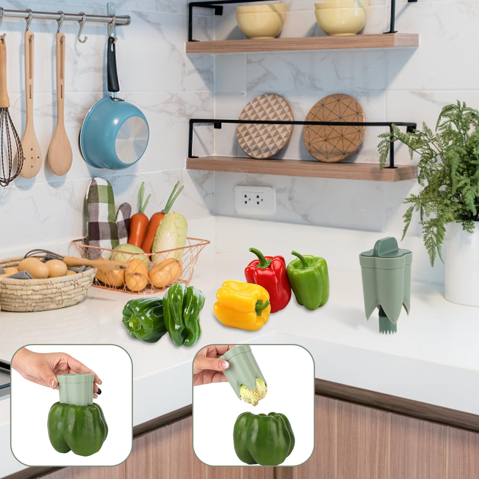 Bell Pepper Pitter - Jalapeño Pepper Drill - Chili Pepper Core Remover - Universal Vegetable Cutter - Kitchen Utensils - Bell Pepper Drill - Seed Remover - Handy Kitchen Aid - Fruit and Vegetable Tool - Kitchen Accessories - Green - 2 Pieces