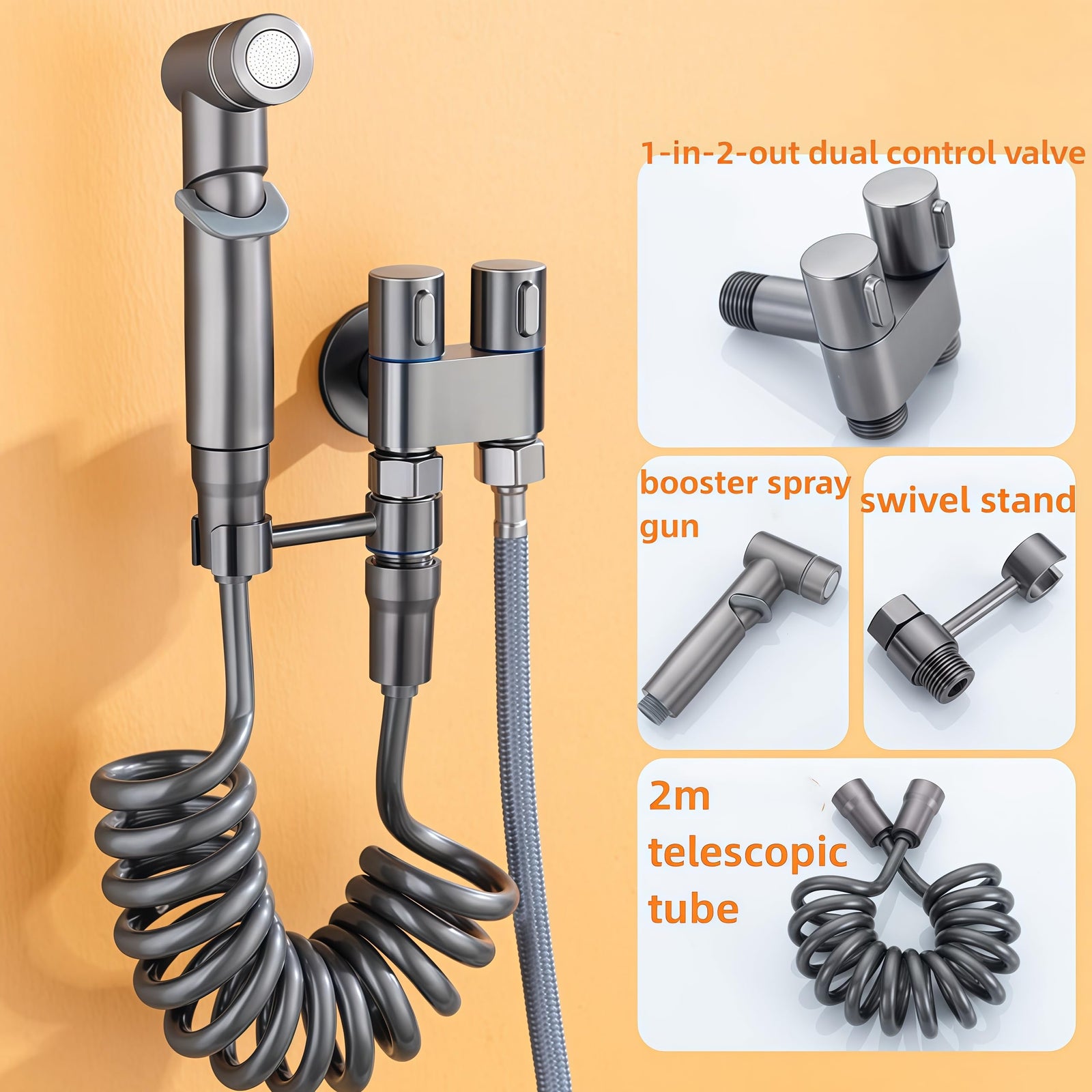 Bidet Sprayer - Hand Shower Toilet - Shattaf - WC Shower - Toilet Sprayer - Hand Bidet - Bidet Faucet - Intimate Hygiene - Stainless Steel - Bathroom Accessories - Complete Set with Hose - Including Adapter 1/2 to 3/8 - Gray - 1 Piece