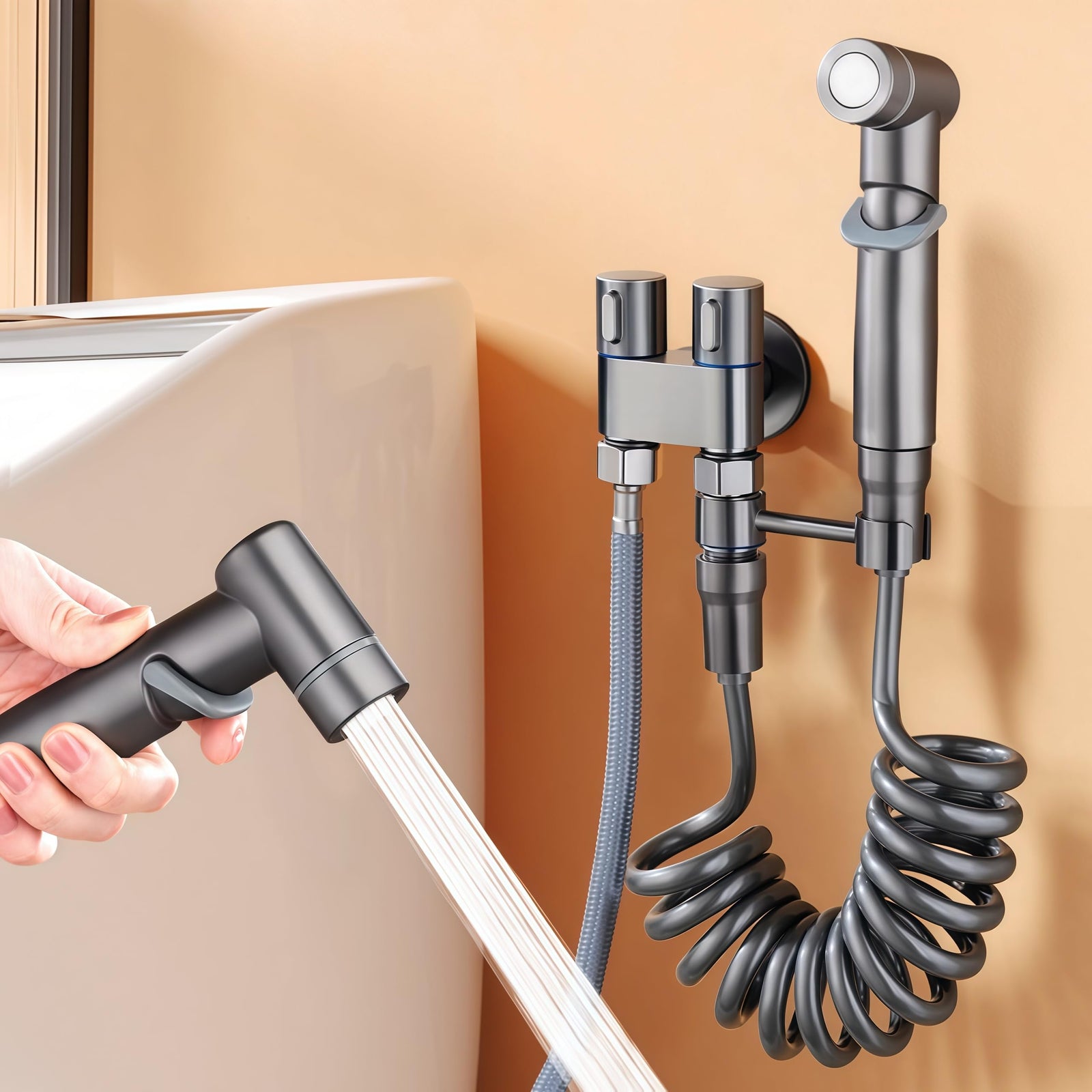 Bidet Sprayer - Hand Shower Toilet - Shattaf - WC Shower - Toilet Sprayer - Hand Bidet - Bidet Faucet - Intimate Hygiene - Stainless Steel - Bathroom Accessories - Complete Set with Hose - Including Adapter 1/2 to 3/8 - Gray - 1 Piece