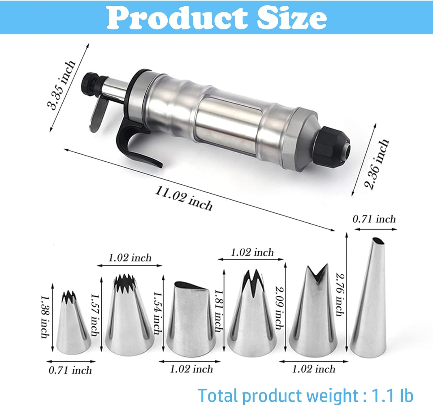 Whipped Cream Maker - Garnishing Syringe - Nozzle Set - Cake Decorating - Stainless Steel Nozzles - Cookie Press - Cupcake Decorating - Baking Tools - Professional Piping Bag Alternative - Kitchen Utensils - Baking Supplies - Silver - 1 Piece