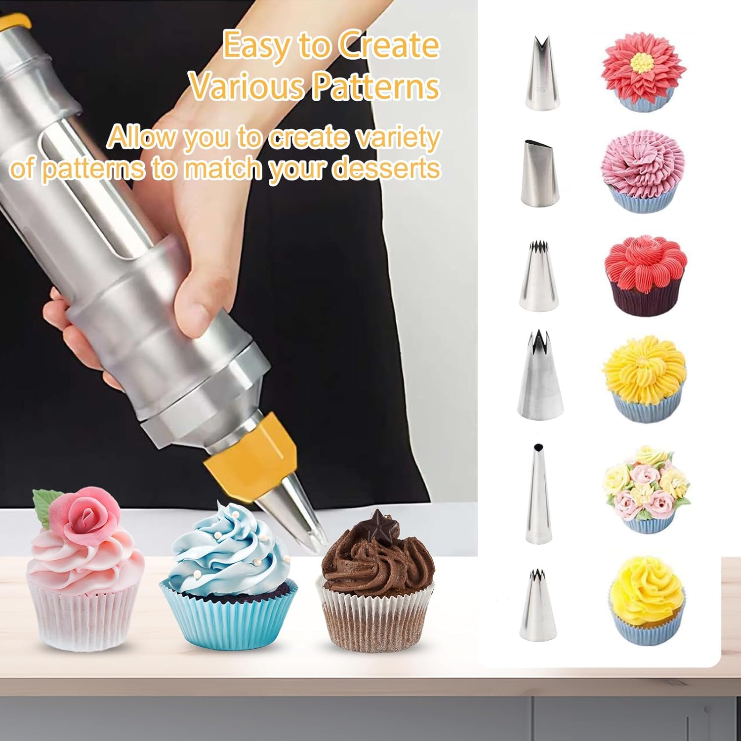 Whipped Cream Maker - Garnishing Syringe - Nozzle Set - Cake Decorating - Stainless Steel Nozzles - Cookie Press - Cupcake Decorating - Baking Tools - Professional Piping Bag Alternative - Kitchen Utensils - Baking Supplies - Silver - 1 Piece