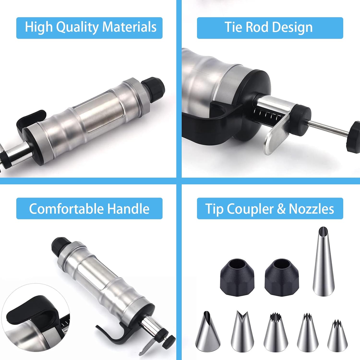 Whipped Cream Maker - Garnishing Syringe - Nozzle Set - Cake Decorating - Stainless Steel Nozzles - Cookie Press - Cupcake Decorating - Baking Tools - Professional Piping Bag Alternative - Kitchen Utensils - Baking Supplies - Silver - 1 Piece