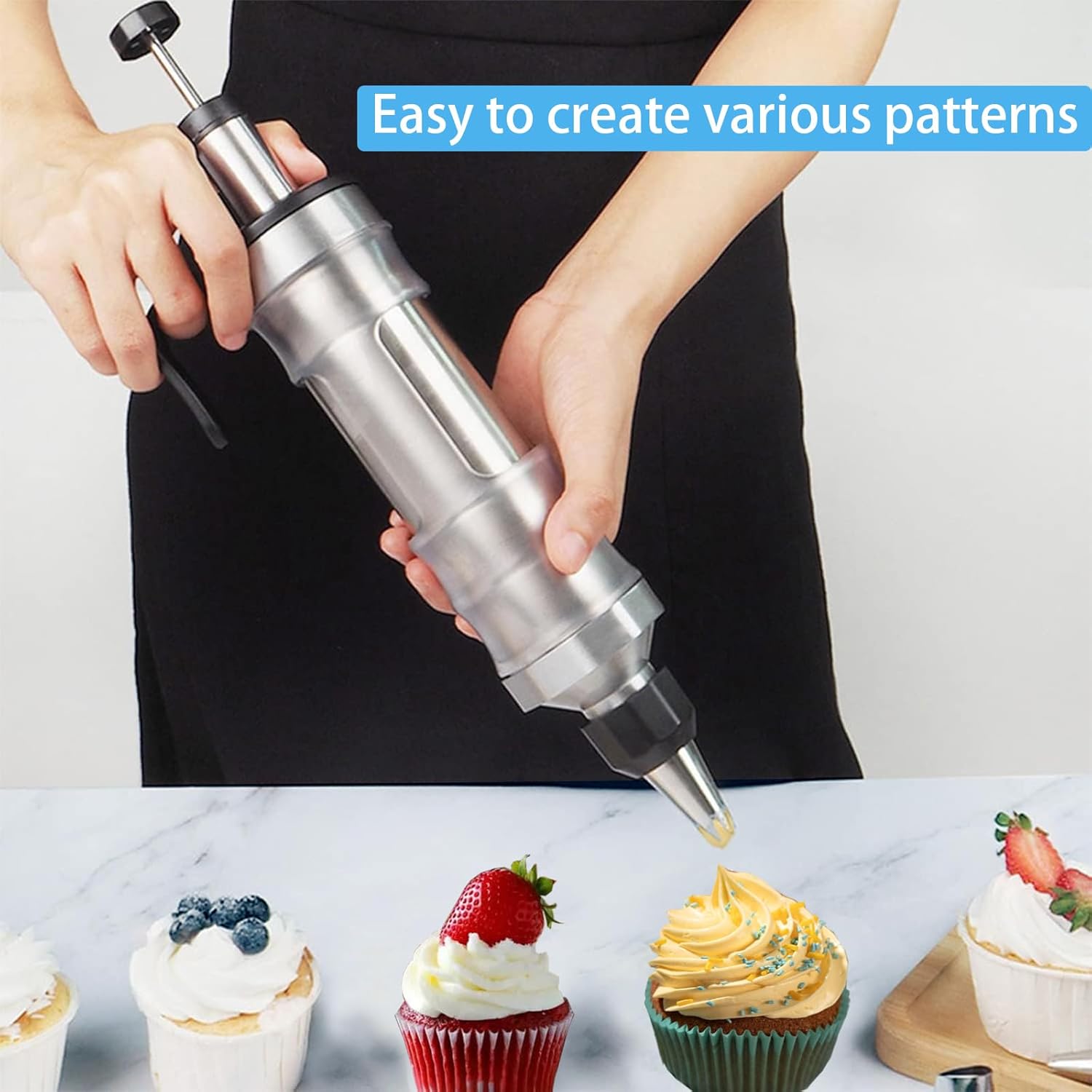 Whipped Cream Maker - Garnishing Syringe - Nozzle Set - Cake Decorating - Stainless Steel Nozzles - Cookie Press - Cupcake Decorating - Baking Tools - Professional Piping Bag Alternative - Kitchen Utensils - Baking Supplies - Silver - 1 Piece