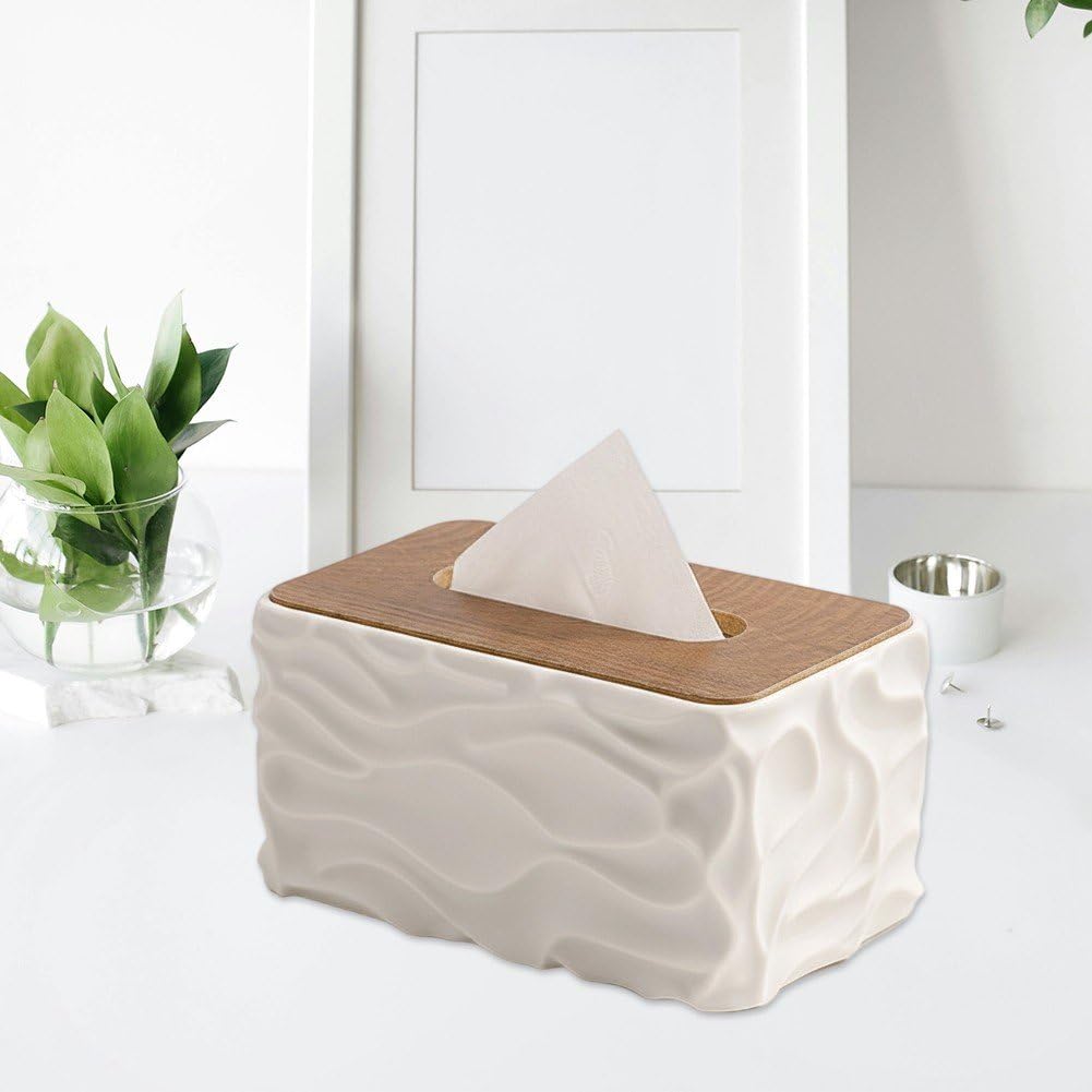 Tissue Box - Tissue Box - Handkerchief Box - Tissue Holder - Napkin Holder - Baby Wipes Box - Tissue Dispenser - Storage Box - Bathroom Accessories - Desk Organizer - Living Room Decoration - Bedroom Interior - Modern Design - White with Wood - 1 Piece