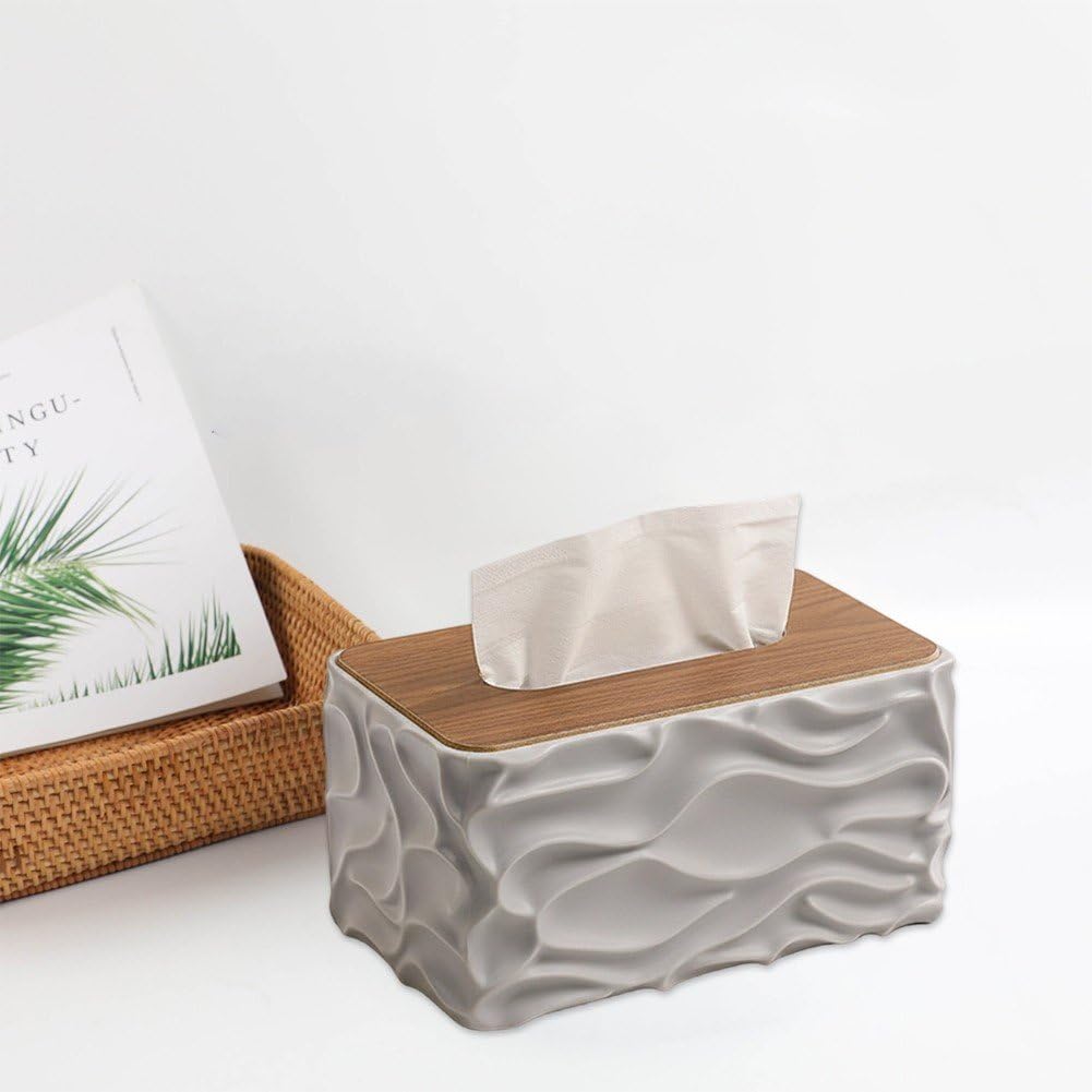 Tissue Box - Tissue Box - Handkerchief Box - Tissue Holder - Napkin Holder - Baby Wipes Box - Tissue Dispenser - Storage Box - Bathroom Accessories - Desk Organizer - Living Room Decoration - Bedroom Interior - Modern Design - Gray with Wood - 1 Piece