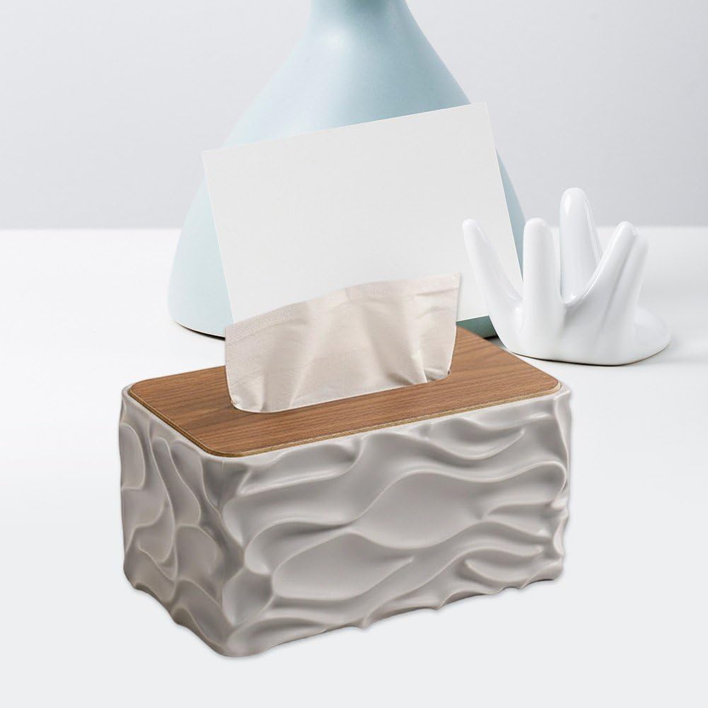Tissue Box - Tissue Box - Handkerchief Box - Tissue Holder - Napkin Holder - Baby Wipes Box - Tissue Dispenser - Storage Box - Bathroom Accessories - Desk Organizer - Living Room Decoration - Bedroom Interior - Modern Design - Gray with Wood - 1 Piece