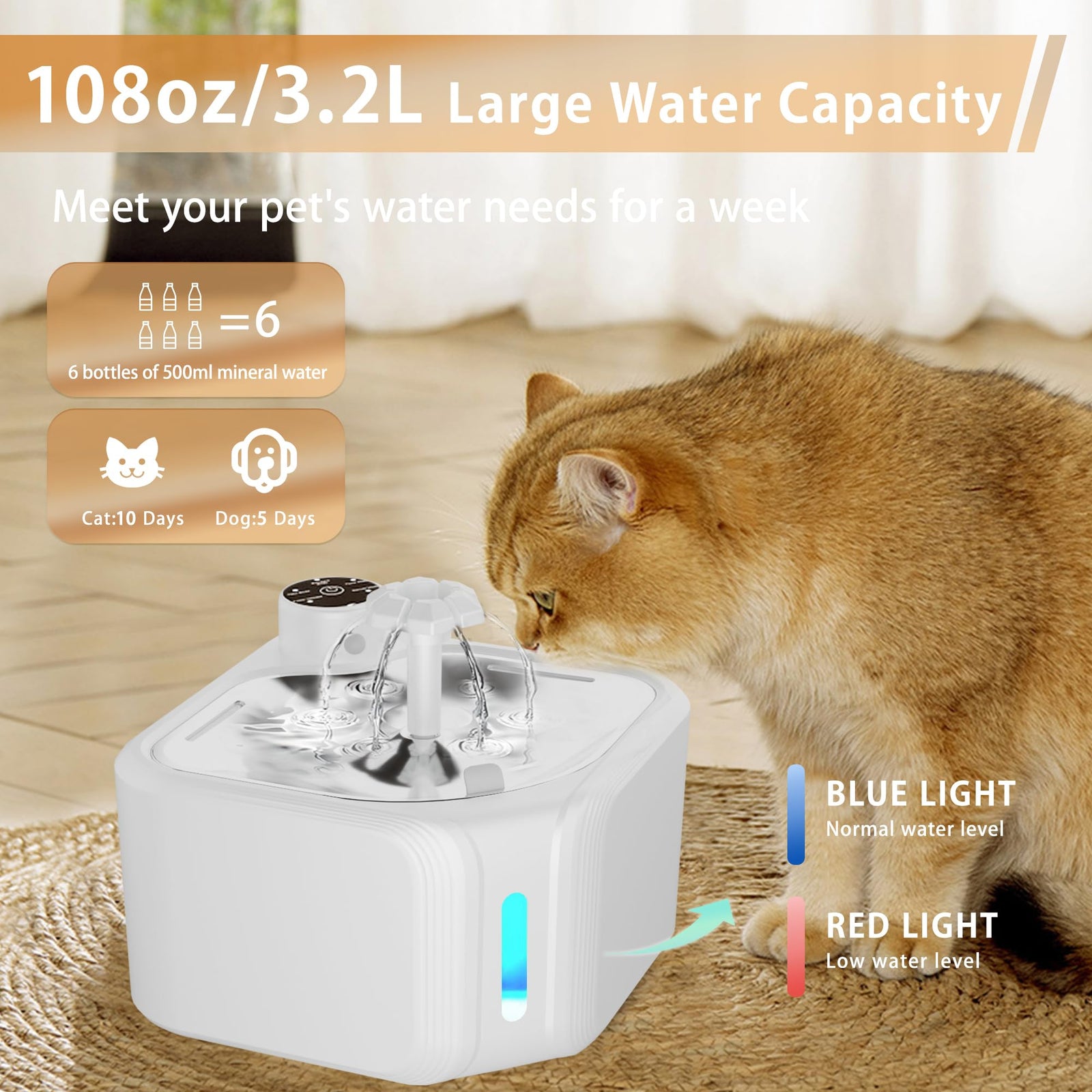Cat Drinking Fountain - Water Fountain - Dog Drinking Bowl - Automatic Drinking Bowl - Cat Fountain - Dog Fountain - Water Dispenser - Whisper-Quiet - Includes 8 Filters - LED Lighting - Water Bowl - Pet Accessories - 2.8 Liters - Black - 1 Piece