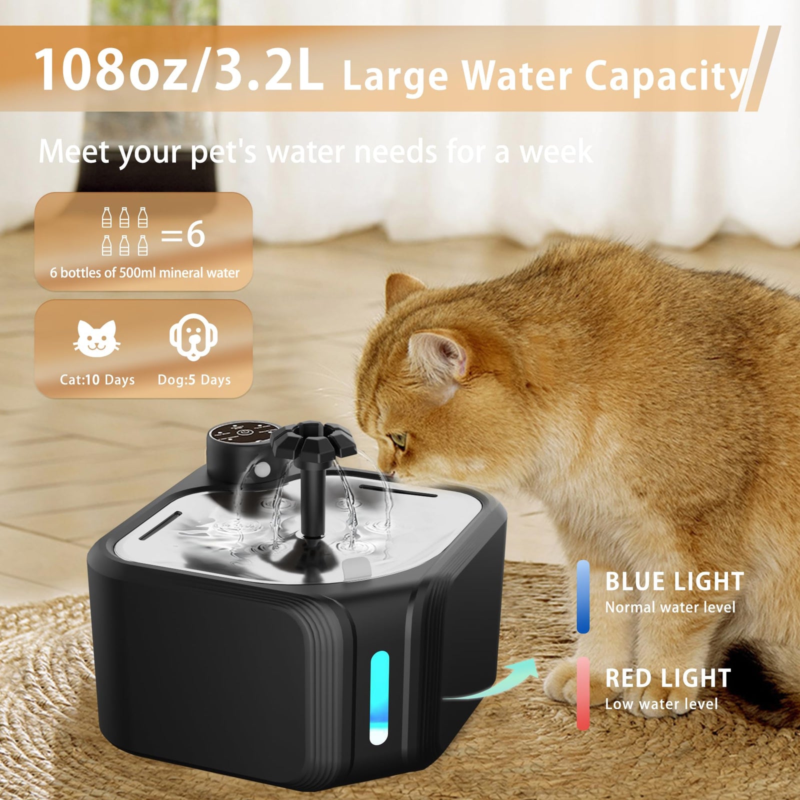 Cat Drinking Fountain - Water Fountain - Dog Drinking Bowl - Automatic Drinking Bowl - Cat Fountain - Dog Fountain - Water Dispenser - Whisper-Quiet - Includes 8 Filters - LED Lighting - Water Bowl - Pet Accessories - 2.8 Liters - White - 1 Piece