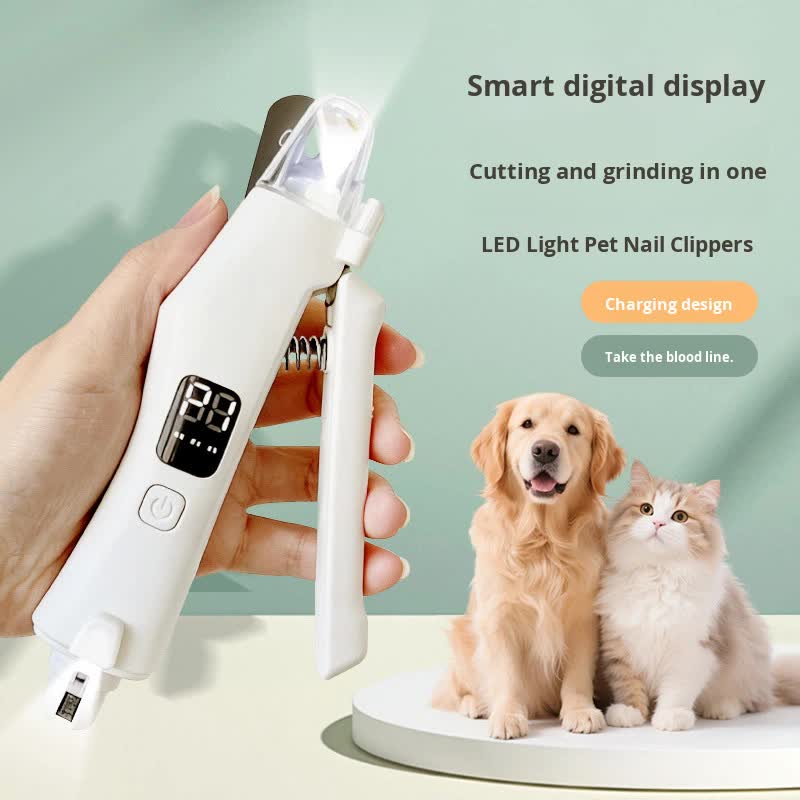 Dog Nail Scissors - Cat Nail Clippers - Professional Nail Clippers - LED Lighting - Rechargeable - Digital Display - Pet Care - Nail Cutting - Collection Tray - Paw Care - Safe & Sharp - Stainless Steel - Nail Care - White - 1 Piece