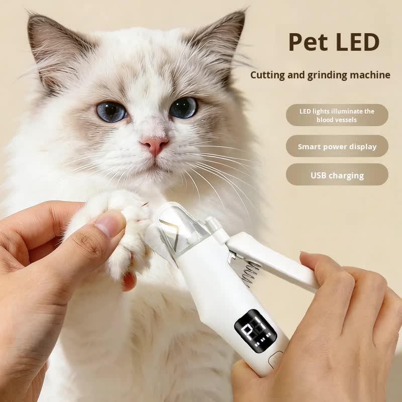 Dog Nail Scissors - Cat Nail Clippers - Professional Nail Clippers - LED Lighting - Rechargeable - Digital Display - Pet Care - Nail Cutting - Collection Tray - Paw Care - Safe & Sharp - Stainless Steel - Nail Care - White - 1 Piece