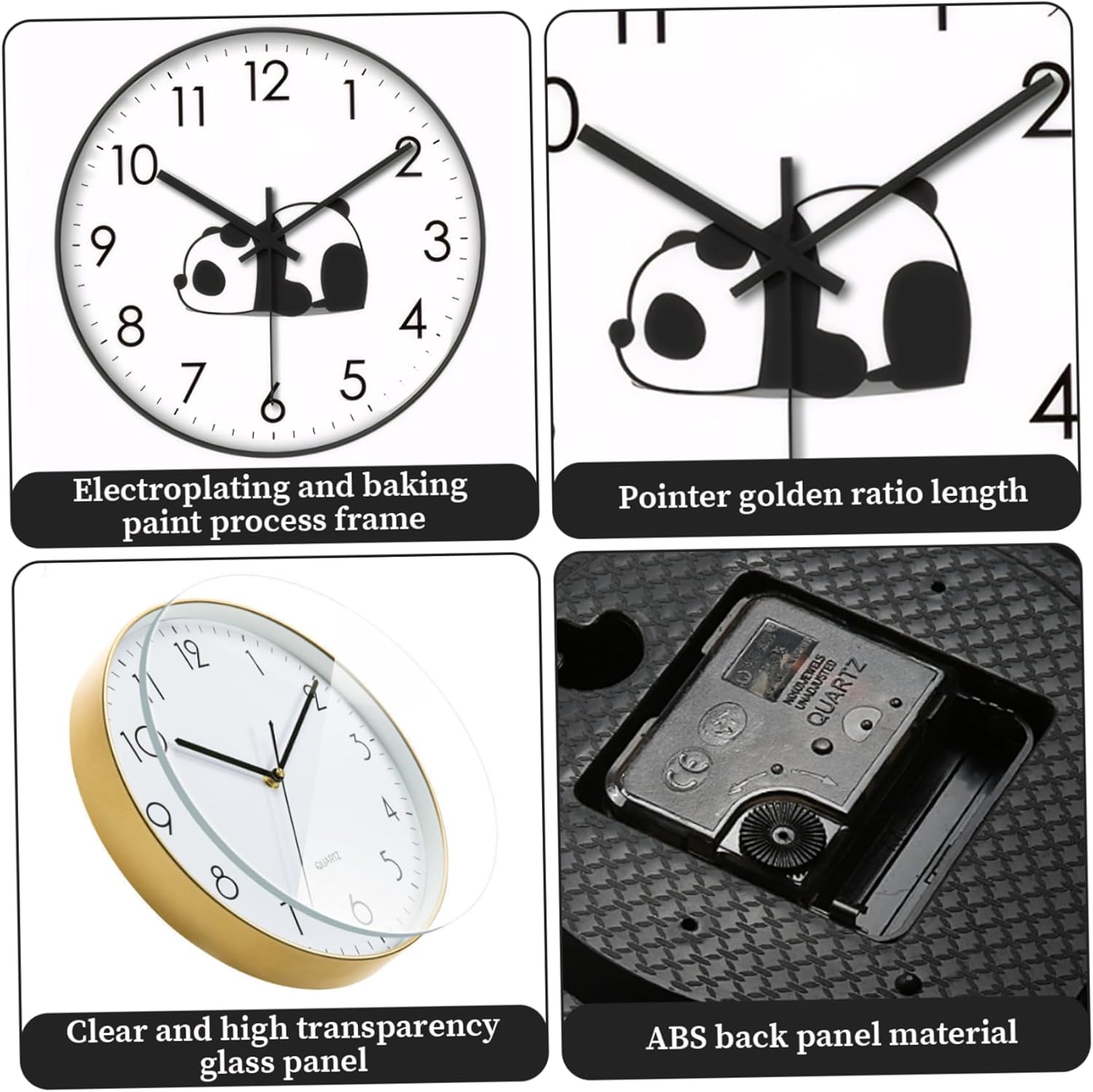 Wall Clock - Clock - Silent Wall Clock - Wall Clock - Analog Clock - Living Room Wall Clock - Bedroom Clock - Panda Design - Animal Motif - Modern Interior - Silent - Not Ticking - Wall Decoration - Office - Kitchen - Black and White - 1 Piece