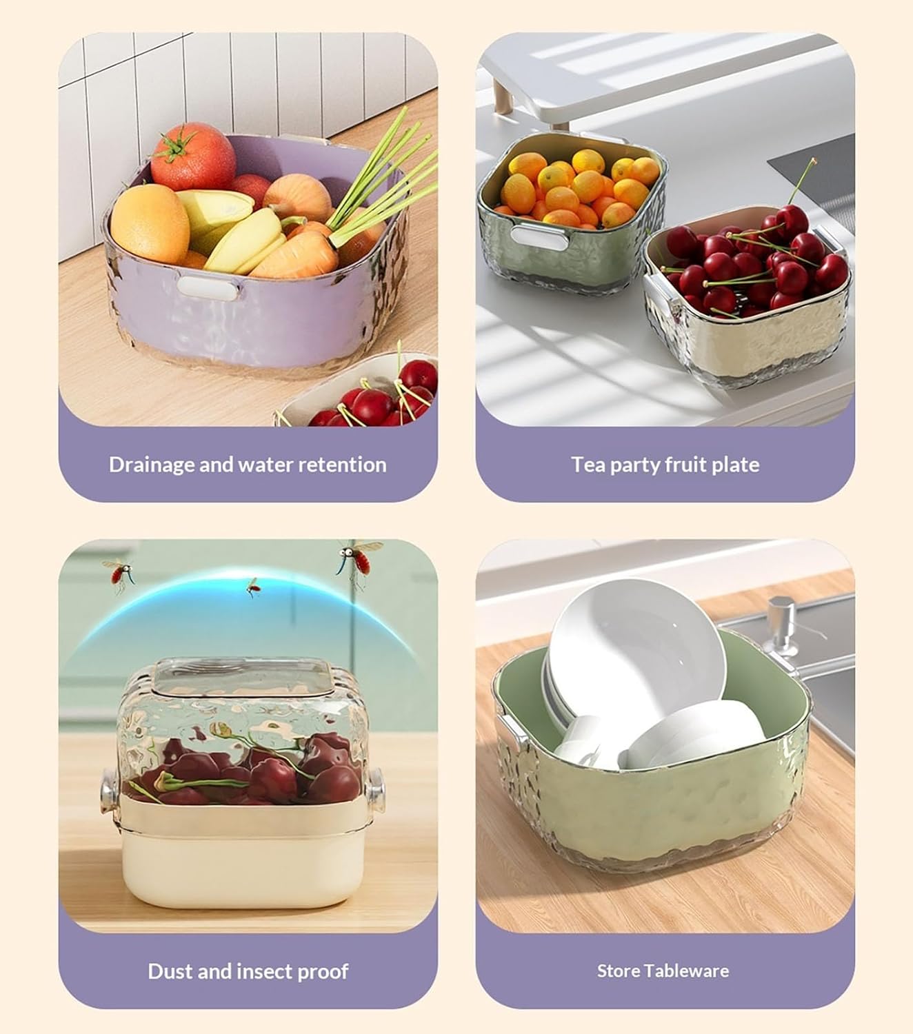 Colander - Kitchen Colander - Sieve - Fruit Basket - Vegetable Basket - Draining Set - Washing Colander - Double Layered - With Bowl - Kitchen Organization - Fruits and Vegetables - Pasta and Rice - Stackable - Multifunctional - 3 Sizes - Milky White - 6