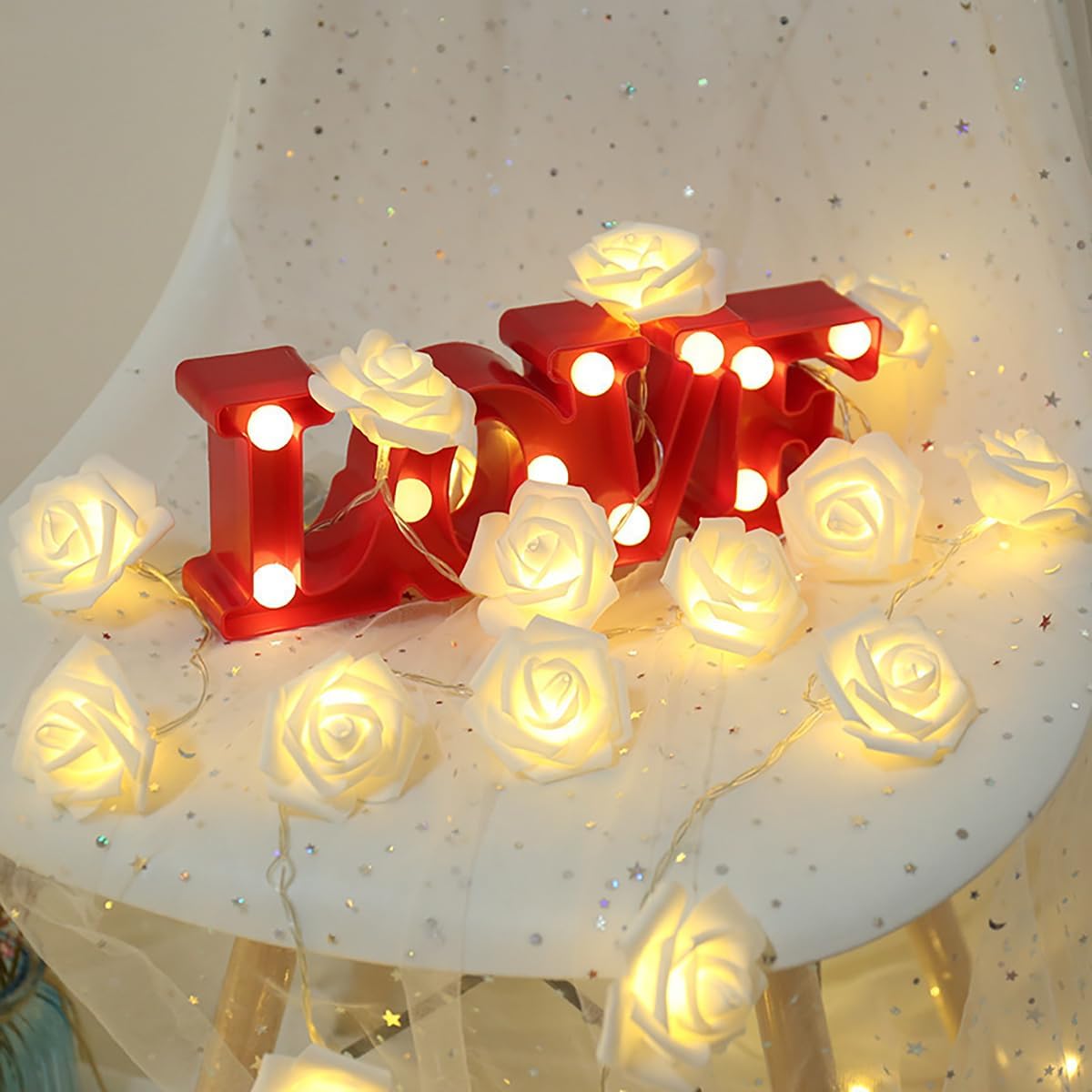 Rose Lights - Living Room Mood Lighting - LED Lights - Bedroom Decoration - Artificial Flowers - Wedding Decoration - Home Accessories - Light Chain - Room Decoration - Party Lighting - Warm White - 1 Piece