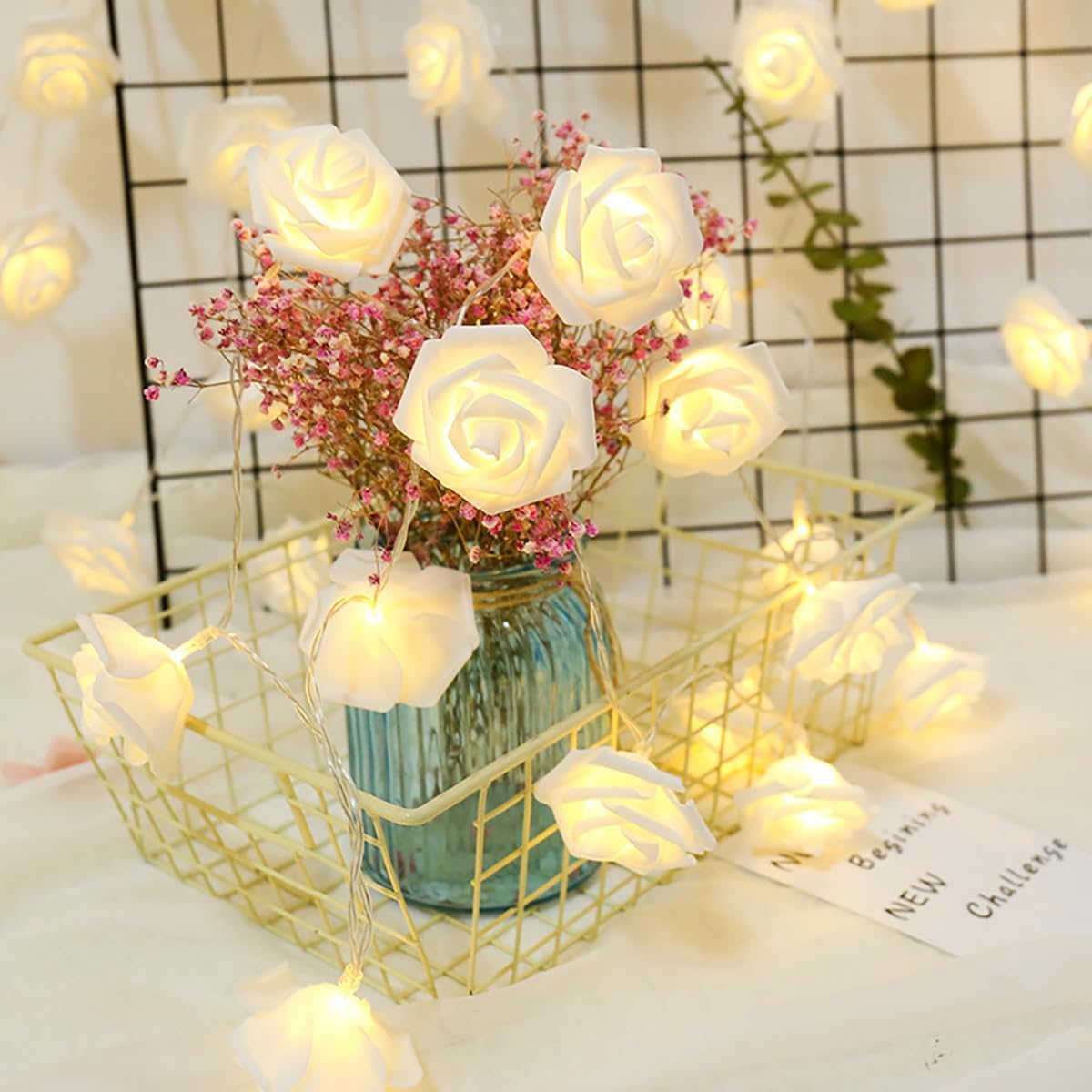 Rose Lights - Living Room Mood Lighting - LED Lights - Bedroom Decoration - Artificial Flowers - Wedding Decoration - Home Accessories - Light Chain - Room Decoration - Party Lighting - Warm White - 1 Piece