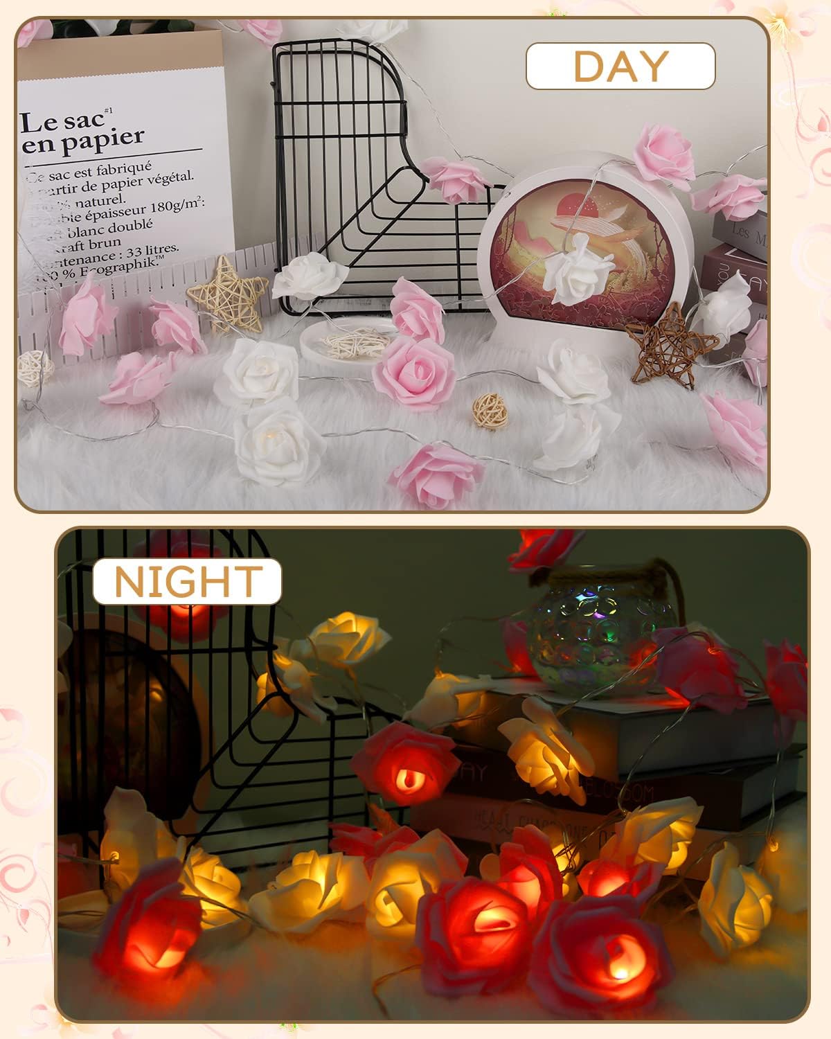 Rose Fairy Lights - Indoor Mood Lighting - Bedroom Decoration - LED Lights - Artificial Flowers - Wedding Decoration - Window Decoration - Valentine's Day Gift - Fairy Lights - Home Accessories - Party Lighting - Pink and White - 1 Piece