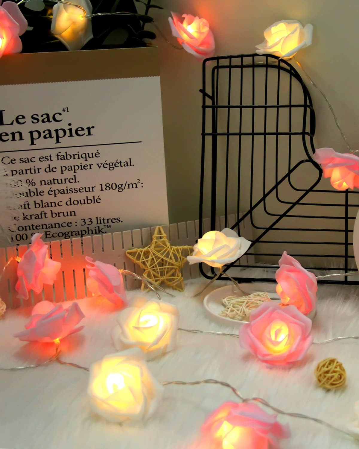 Rose Fairy Lights - Indoor Mood Lighting - Bedroom Decoration - LED Lights - Artificial Flowers - Wedding Decoration - Window Decoration - Valentine's Day Gift - Fairy Lights - Home Accessories - Party Lighting - Pink and White - 1 Piece