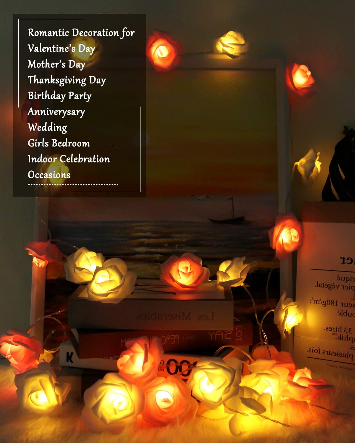 Rose Fairy Lights - Indoor Mood Lighting - Bedroom Decoration - LED Lights - Artificial Flowers - Wedding Decoration - Window Decoration - Valentine's Day Gift - Fairy Lights - Home Accessories - Party Lighting - Pink and White - 1 Piece