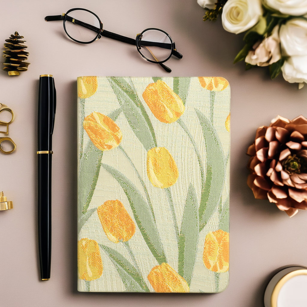 A5 Notebook - Diary - Bullet Journal - Writing Book - Notebook - Tulips - Sketchbook - Notepad - Travel Diary - Office Supplies - School Supplies - Gift for Her - Journal - Hardcover - Yellow and Green - 1 Piece