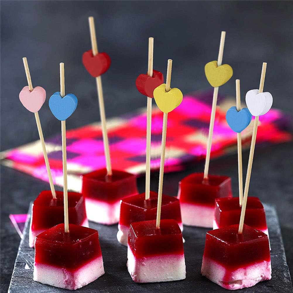 Cocktail sticks - Satay sticks - Tapas sticks - Hearts - Party supplies - Snacks - Valentine's Day - Wedding - Love - Decoration - Snacks - High Tea - Treat - Buffet - Cheese sticks - Wood - Bamboo - 12 cm - Red - 100 Pieces