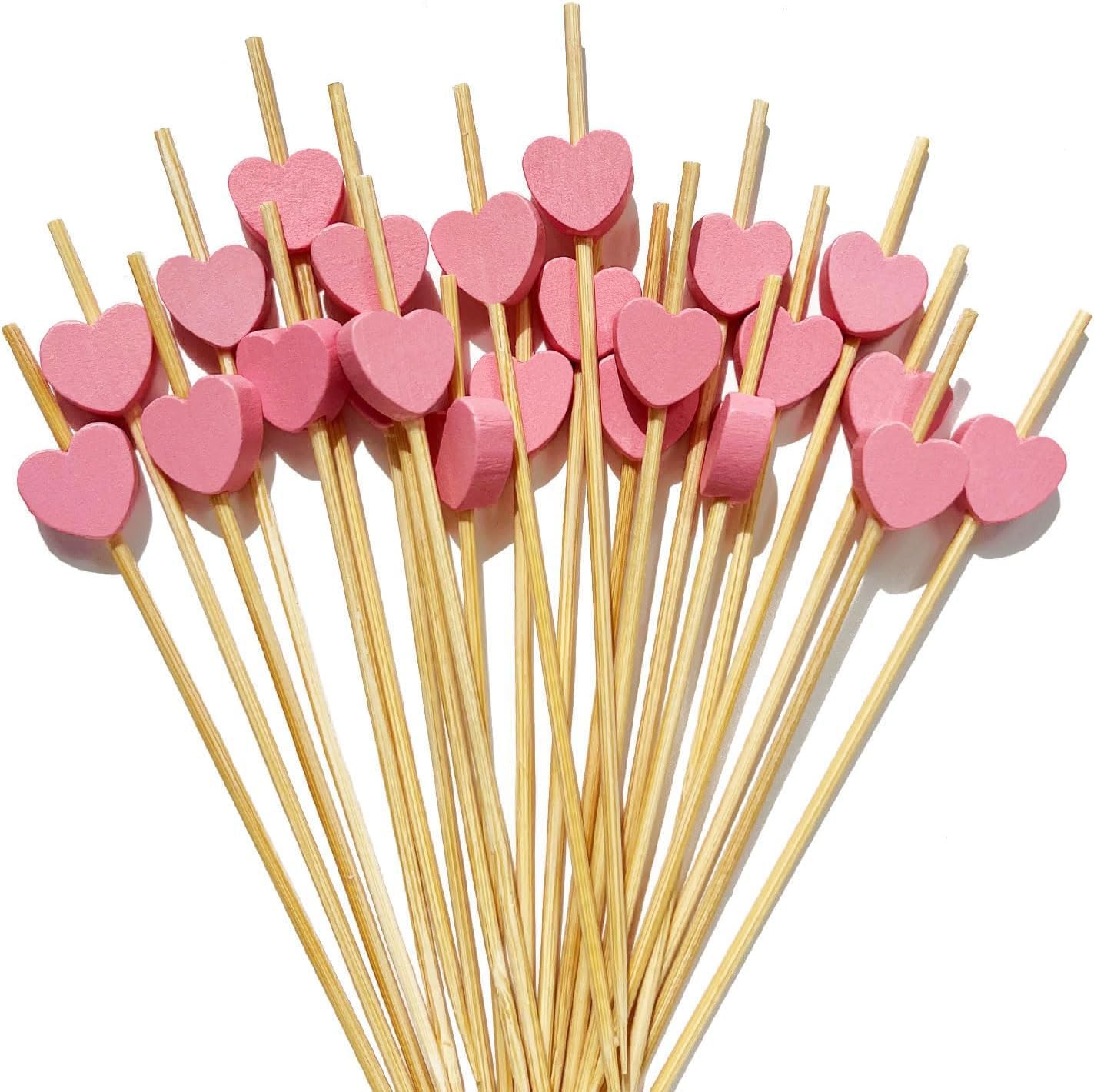 Cocktail sticks - Satay sticks - Tapas sticks - Hearts - Party supplies - Snacks - Baby shower - Baby shower - Gender reveal - Birthday - Decoration - Snacks - Treat - Buffet - Wood - Bamboo - 12 cm - Pink - 100 pieces