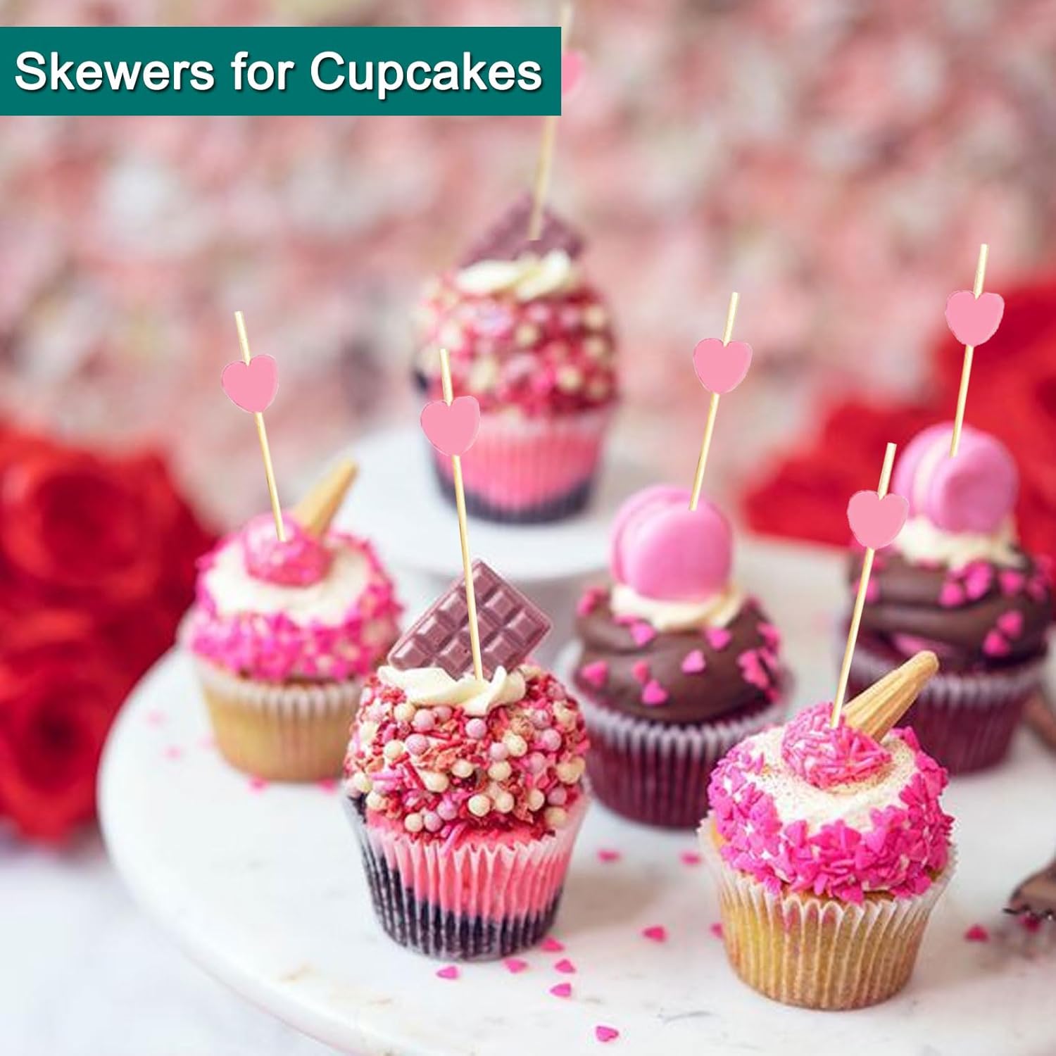 Cocktail sticks - Satay sticks - Tapas sticks - Hearts - Party supplies - Snacks - Baby shower - Baby shower - Gender reveal - Birthday - Decoration - Snacks - Treat - Buffet - Wood - Bamboo - 12 cm - Pink - 100 pieces